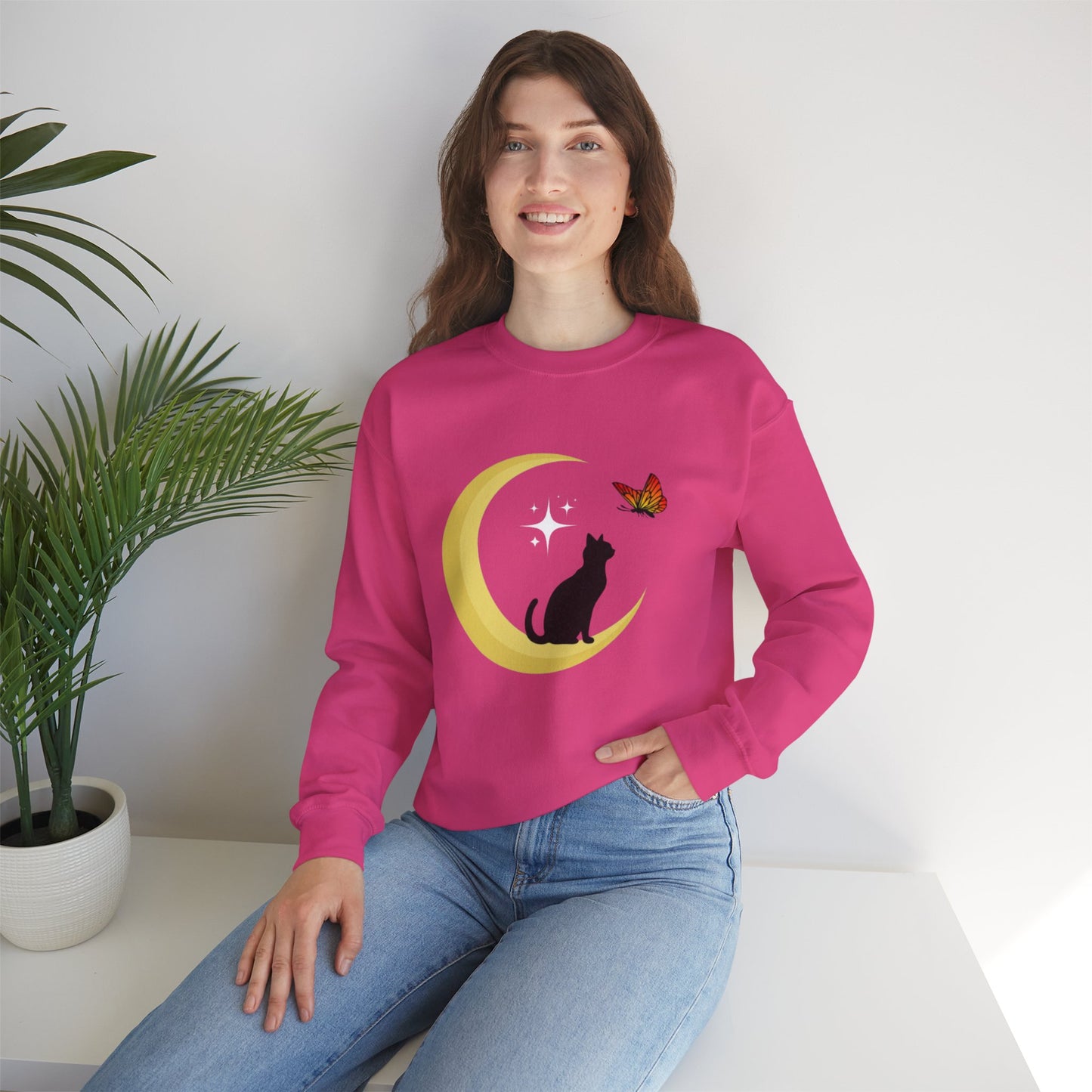 Woman's Heavy Blend™ Crewneck Sweatshirt/ Cat on the moon/White Star/Fall