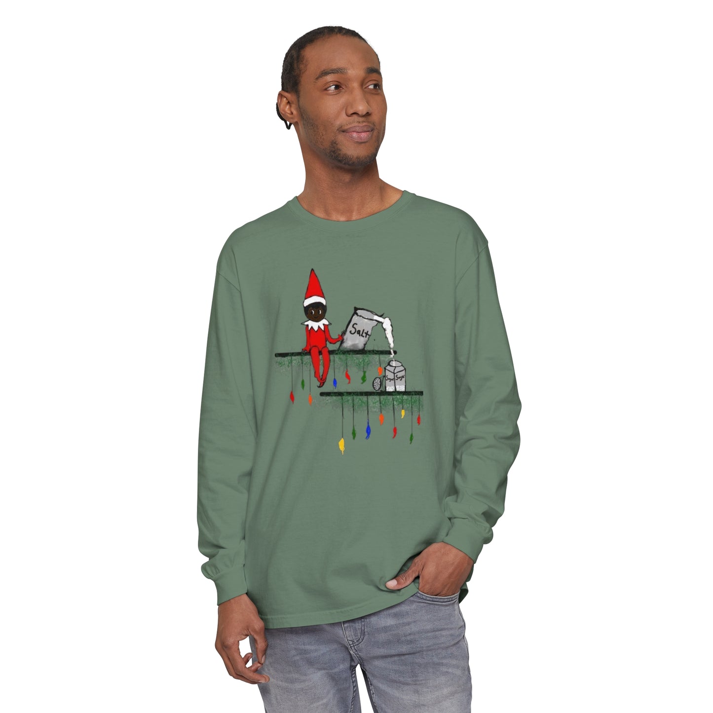 Men's Garment-dyed Long Sleeve T-Shirt/Holiday Funny/African American elf on the shelf/ Salt in the Sugar