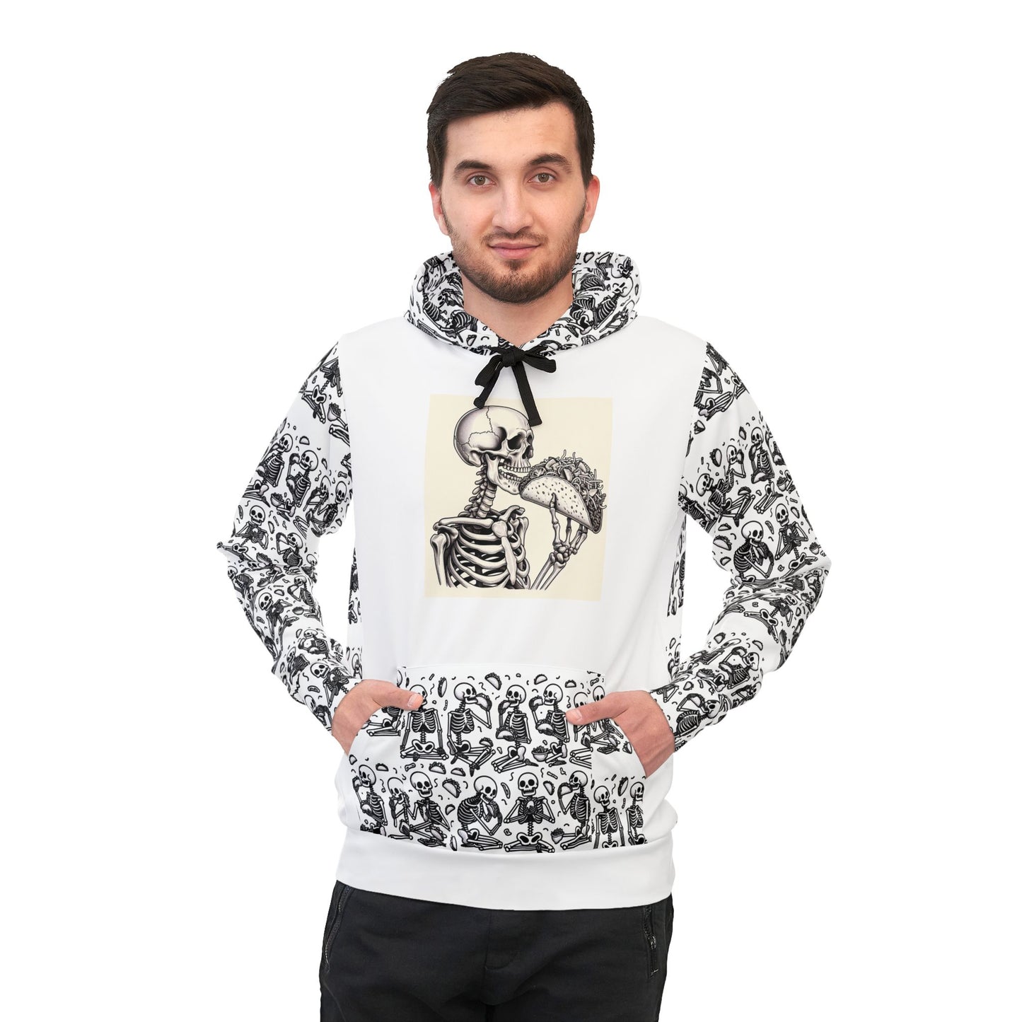 Unisex Athletic Hoodie (AOP)/skeletons Eating Tacos/Halloween