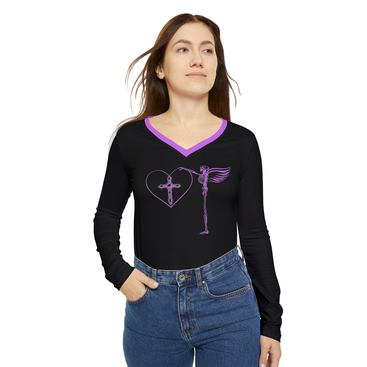 Women's Long Sleeve V-neck Shirt (AOP)/ Skeleton Angel/Purple