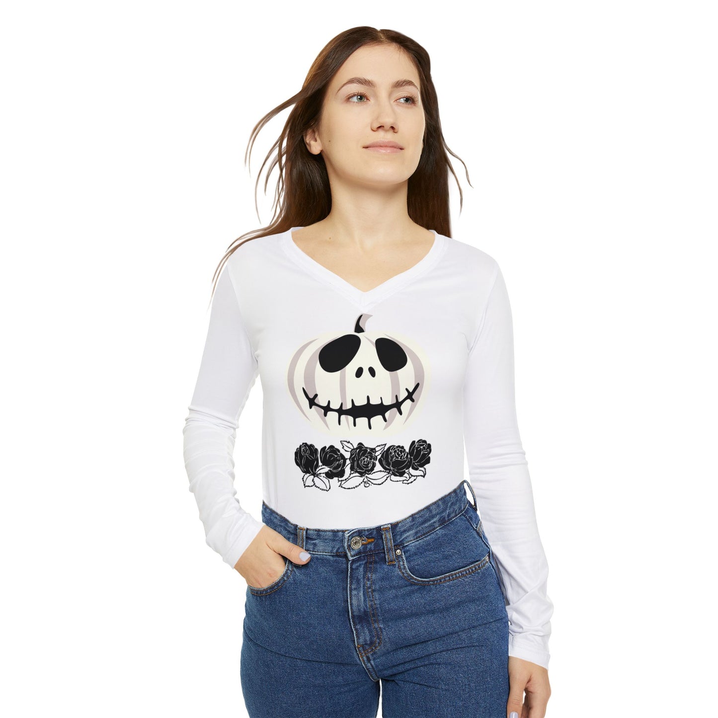 Women's Long Sleeve V-neck Shirt (AOP)/White Jacko-O- lantern