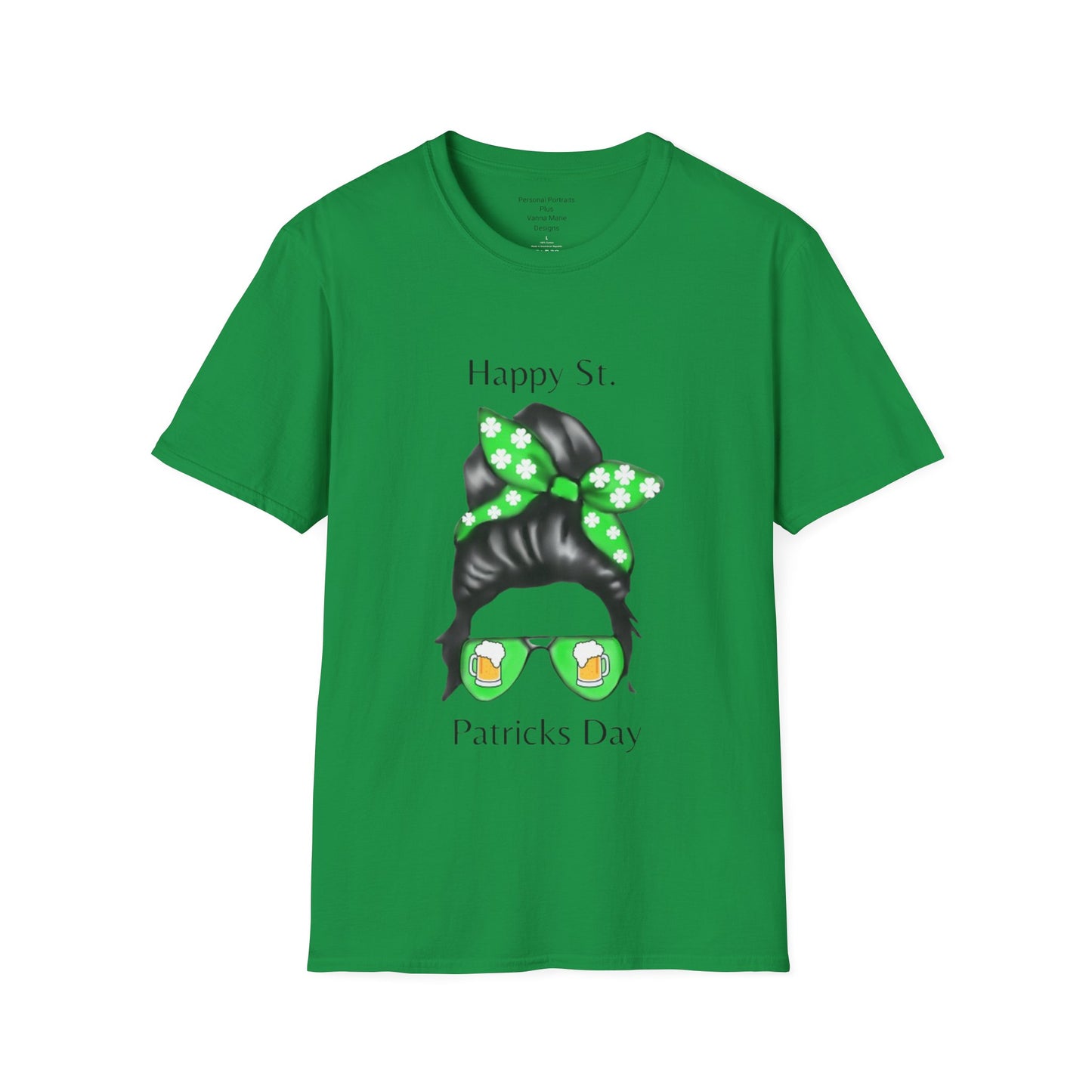 Unisex Softstyle T-Shirt/Happy St. Patrick's Day/ Woman/ Brunette/ Green Glasses/Golden Beer