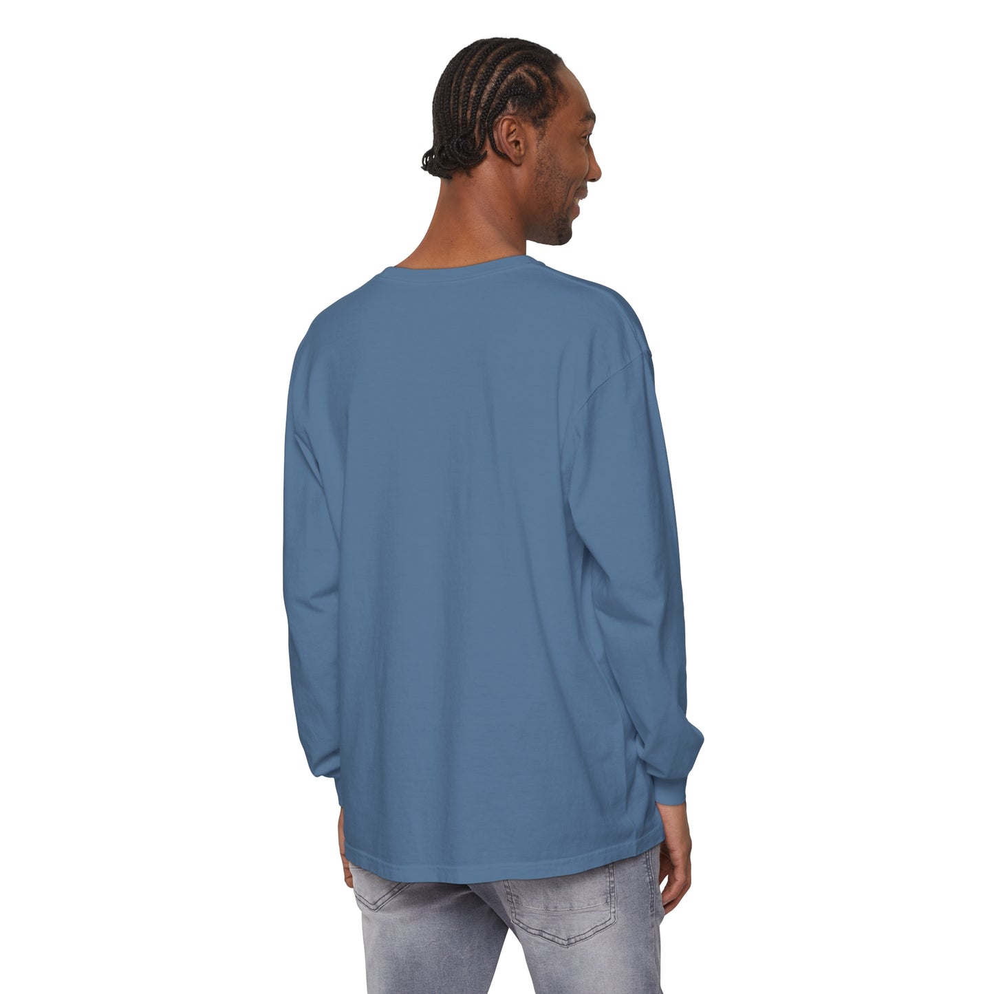 Men's Garment-dyed Long Sleeve T-Shirt/ I will follow him/Blue Transparent Striped