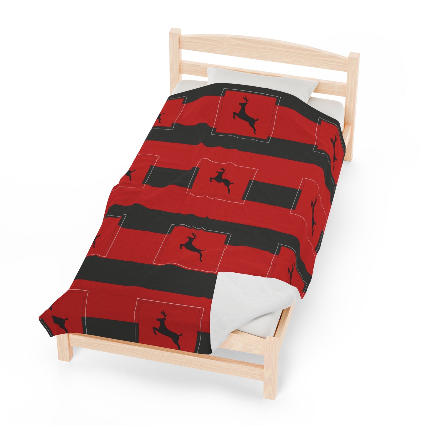 Velveteen Plush Blanket/ Holiday Reindeer Black/Red stripe