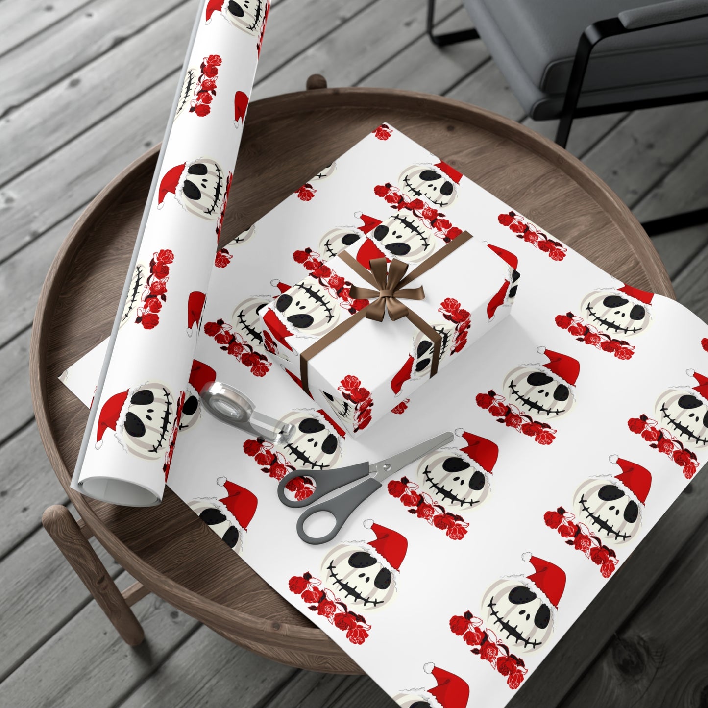 Holiiday Gift Wrap Papers/White Jack O Lantern Red Santa Hat/Red Roses/Dark Gray