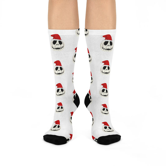 Cushioned Crew Socks/ Holiday/ White Jack O Lantern in Santa Hat