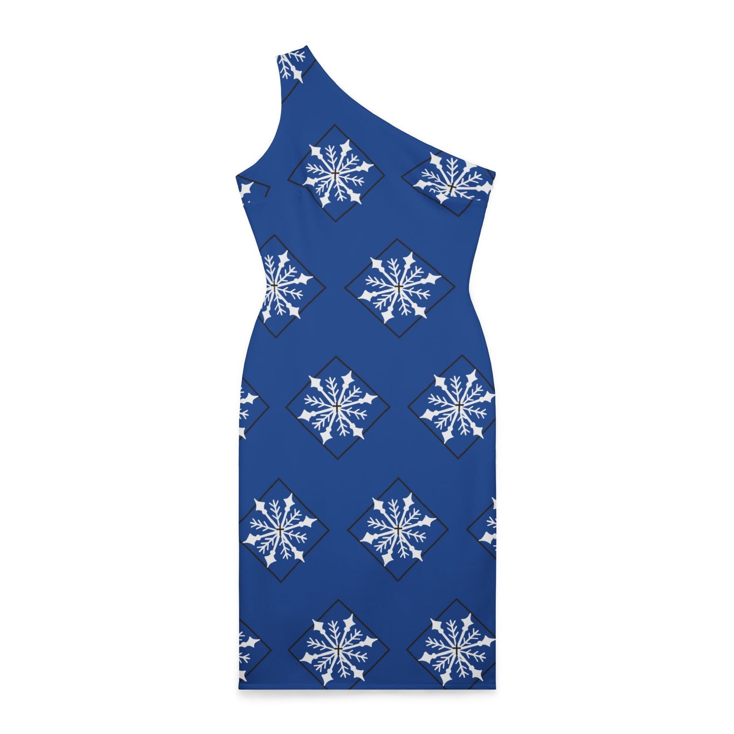 Women's Holiday Shoulder Dress (AOP)/ White Snowflake/Diamond/Blue BG