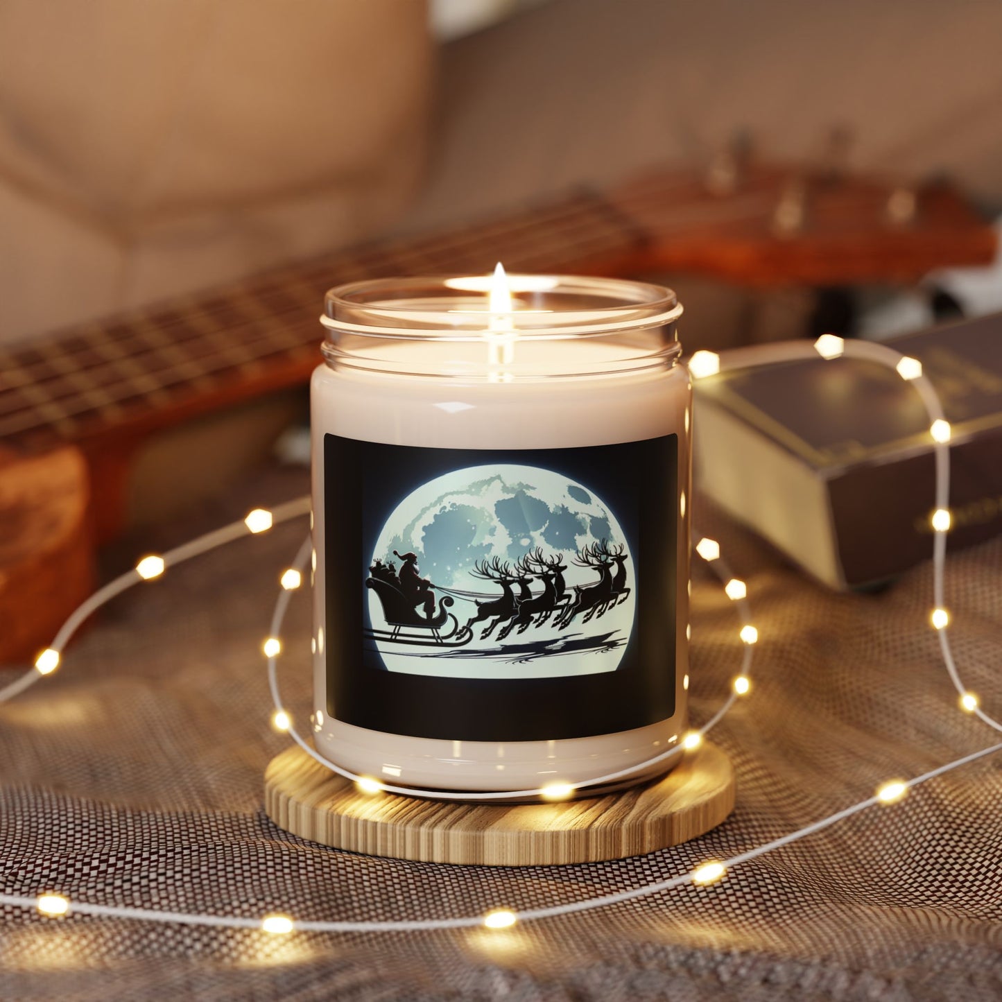 Scented Soy Candle, 9oz/Santa and His Flying Reindeer/Moon BG/Blue