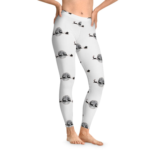 Women's Stretchy Leggings (AOP)/Holiday/Santa flying across the moon