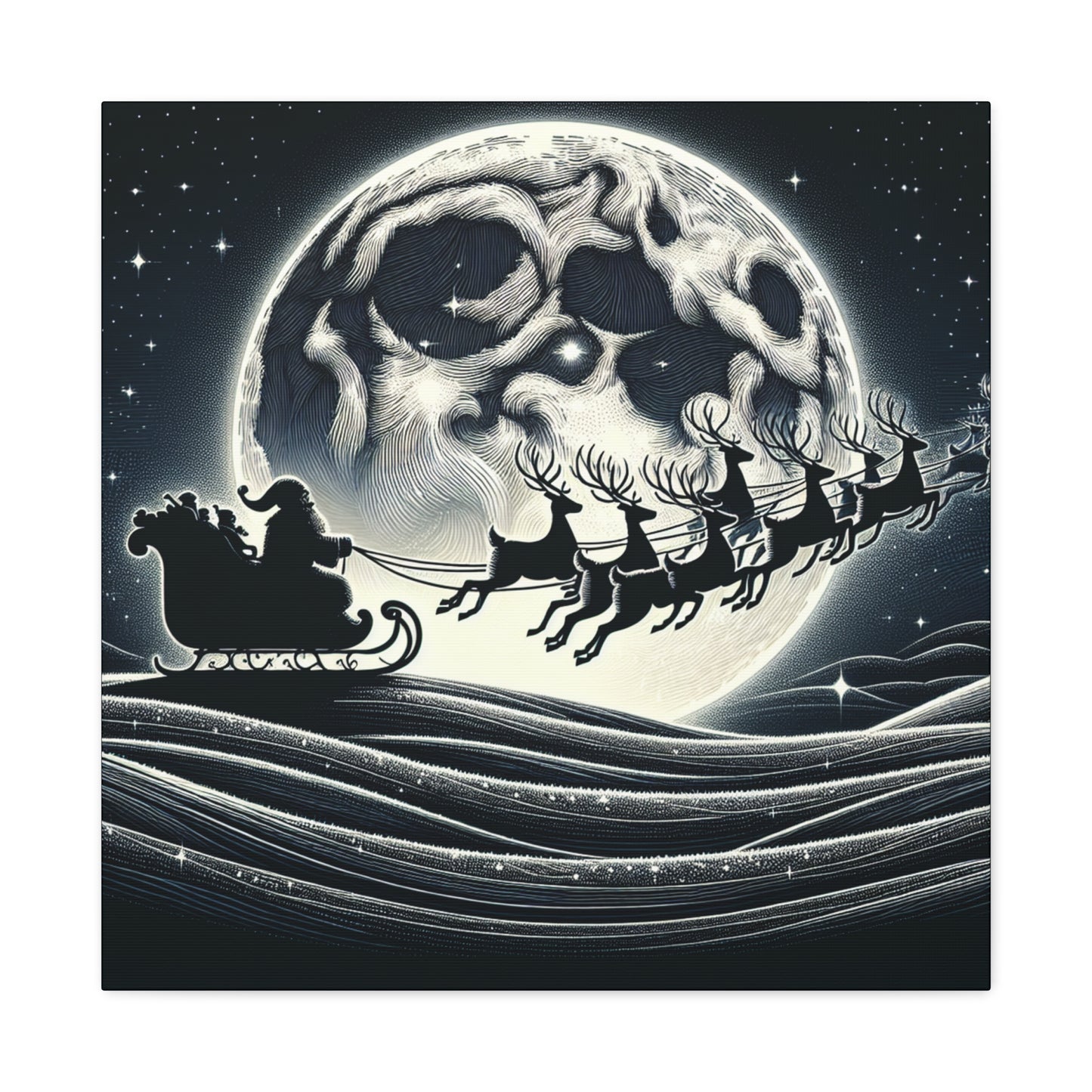 Matte Canvas, Stretched, 1.25"/Santa and His Flying Reindeer/Moon BG