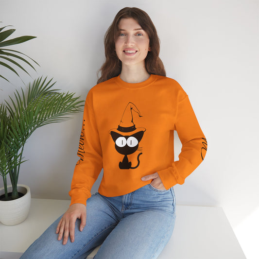 Womans Heavy Blend™ Crewneck Sweatshirt/Cat in a Hat/Holiday/Text down the Arm