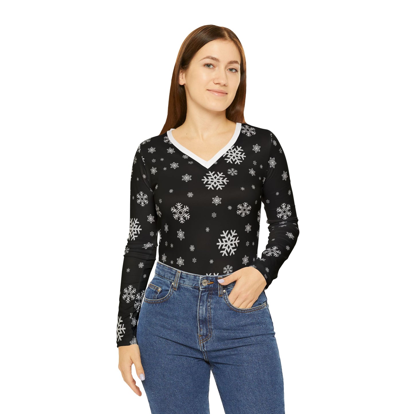 Women's Long Sleeve V-neck Shirt (AOP)/ Black/White Snowflakes/Holiday