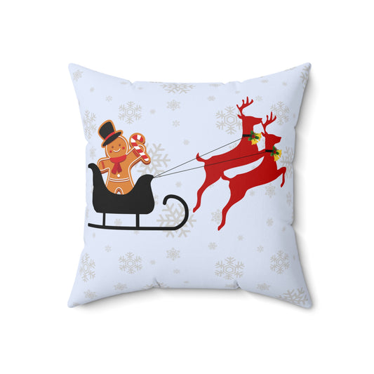 Spun Polyester Square Pillow/Gingerbread man in the sleigh/Front/Snowman in sleigh/ Back/ Baby Blue/ White Snowflakes