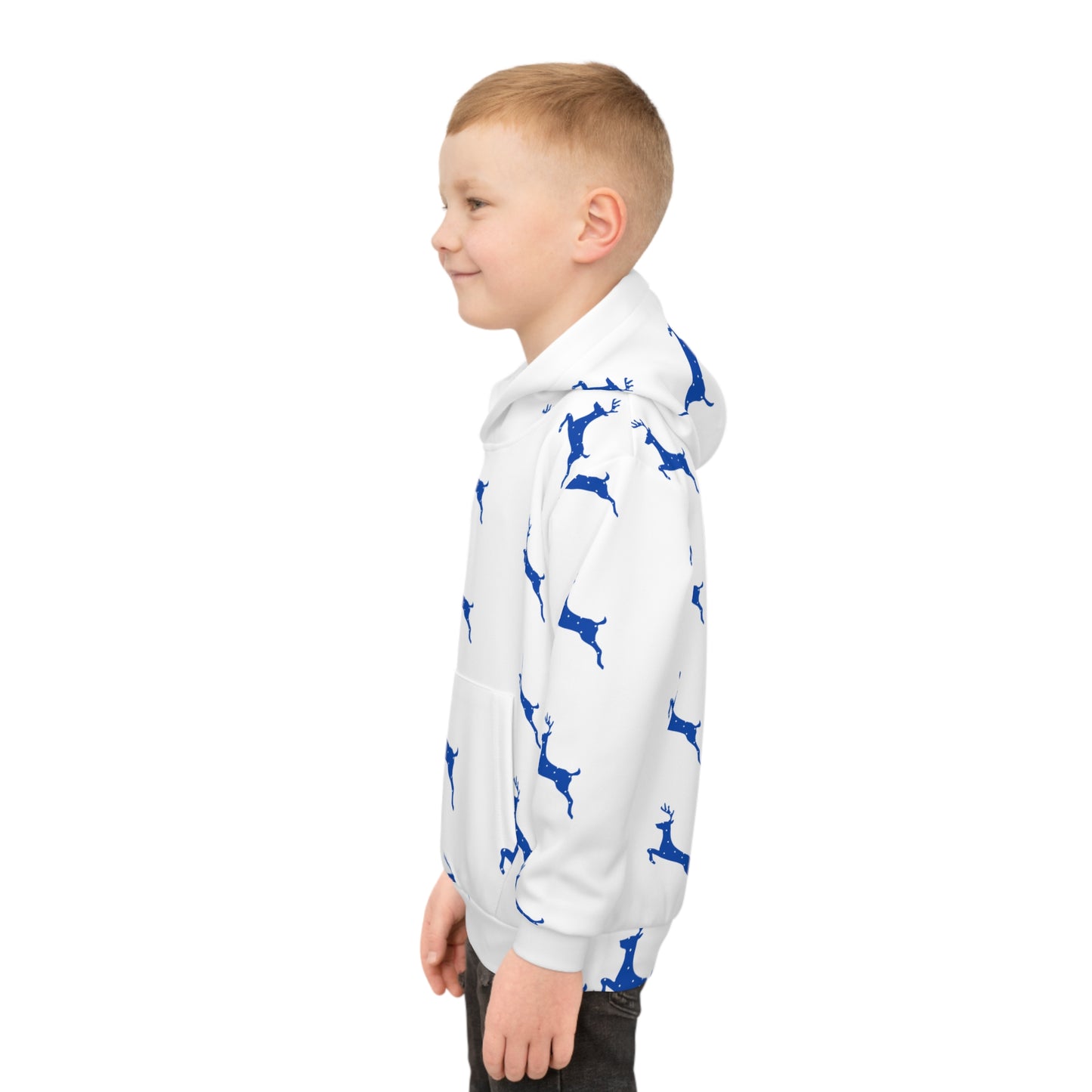 Children's Hoodie (AOP/Blue Poke a Dot Reindeer/White BG