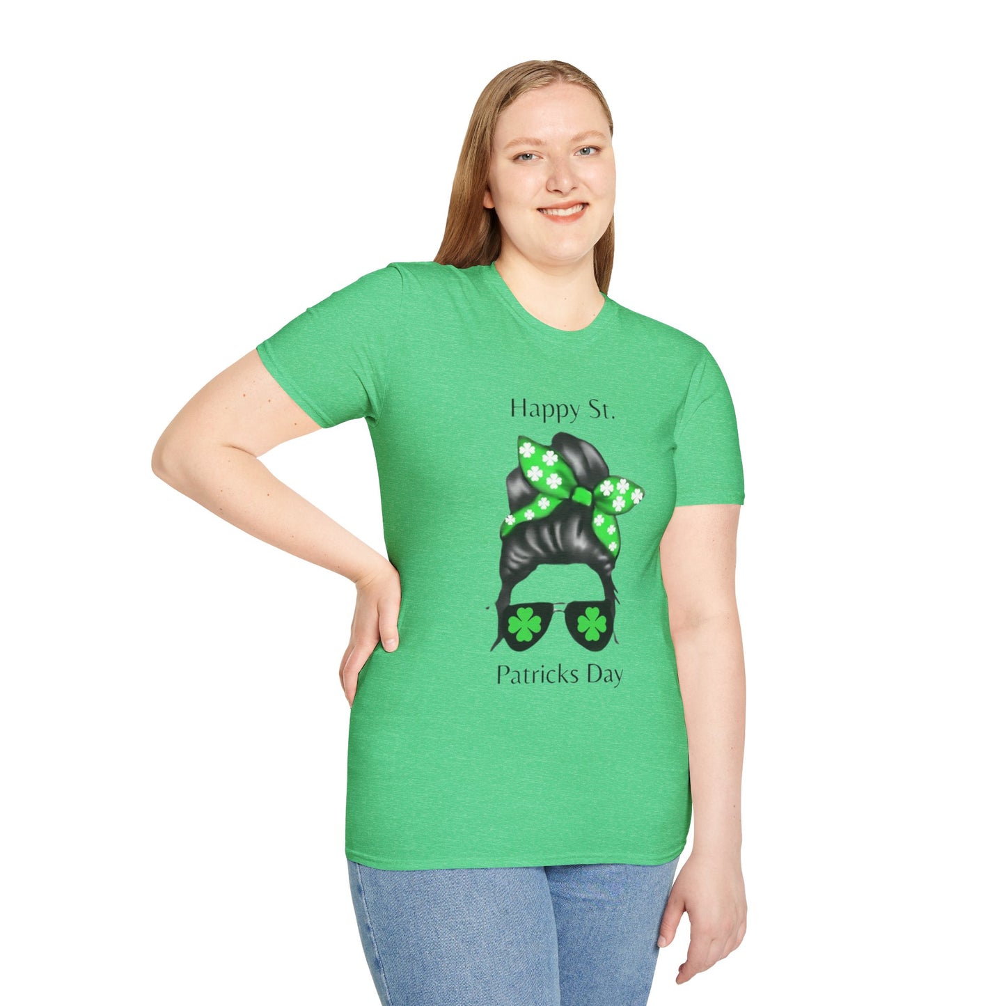 Unisex Softstyle T-Shirt/Happy St. Patricks' Day/ Woman/ Brunette/ Black Glasses/Green Clovers