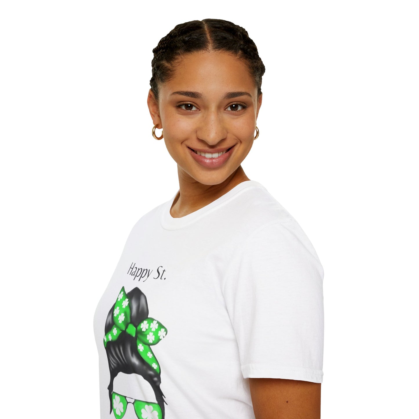 Unisex Softstyle T-Shirt/Happy St. Patrick's Day/ Woman/ Brunette/ Green Glasses/ White Clovers