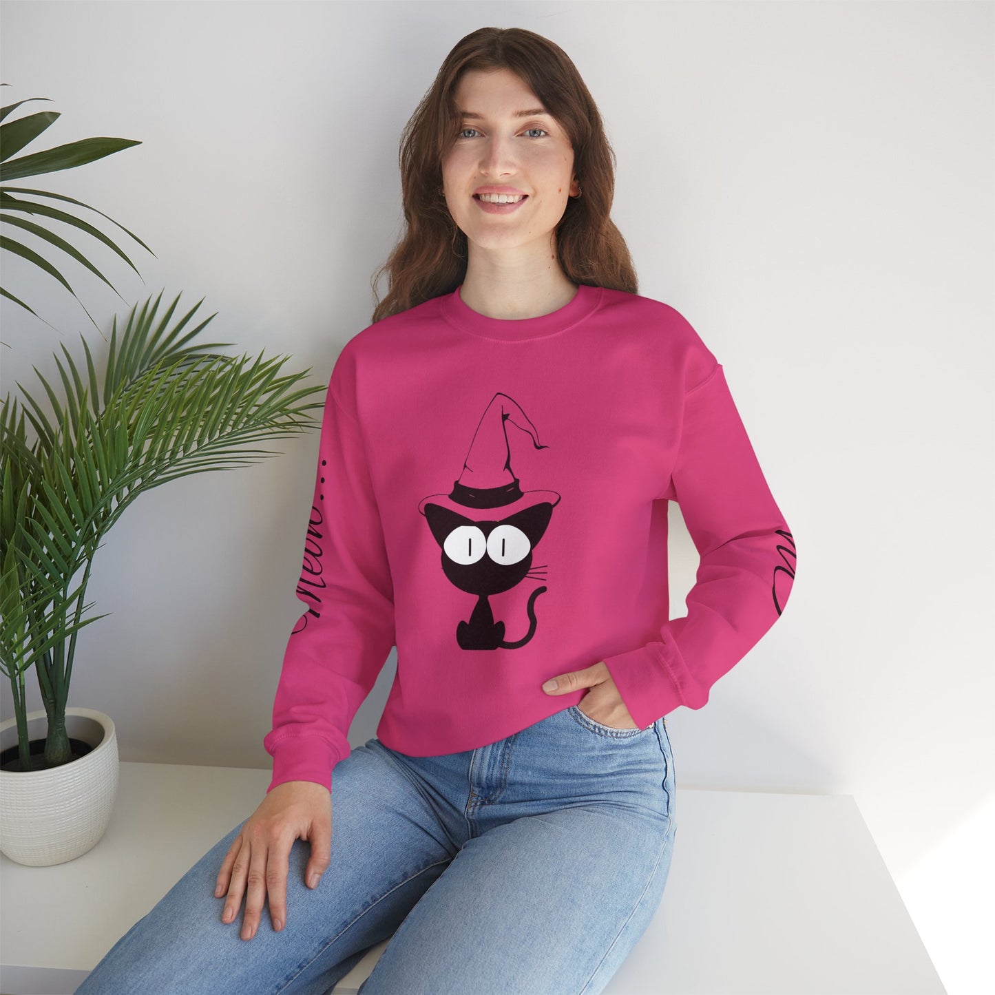 Womans Heavy Blend™ Crewneck Sweatshirt/Cat in a Hat/Holiday/Text down the Arm