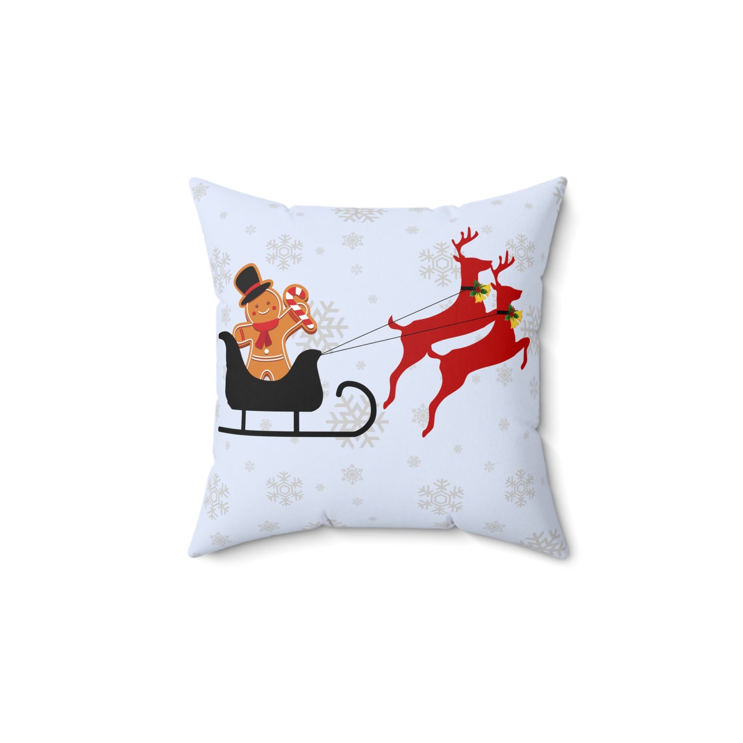 Spun Polyester Square Pillow/Gingerbread man in the sleigh/Front/Snowman in sleigh/ Back/ Baby Blue/ White Snowflakes