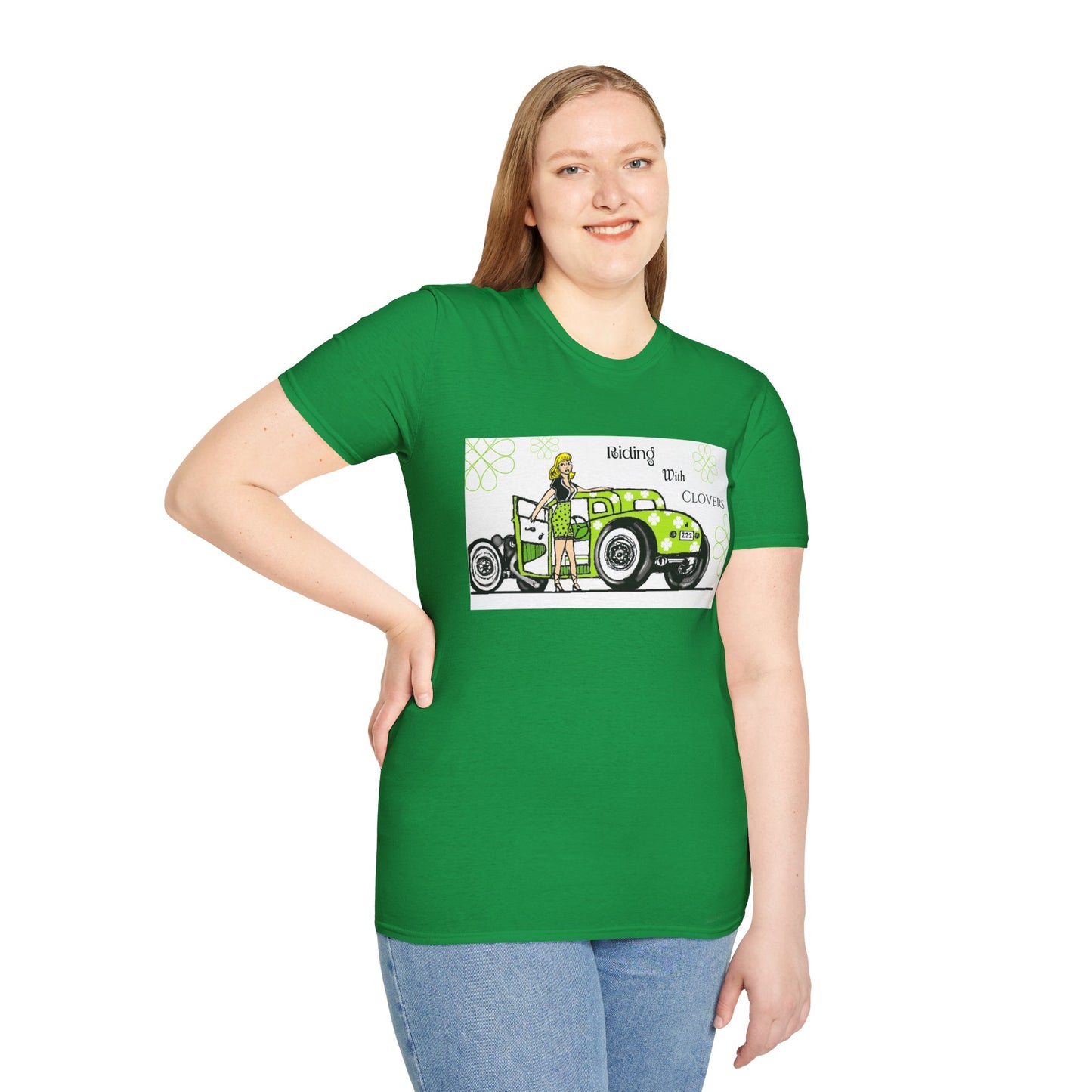 Unisex Softstyle T-Shirt/ Riding with clovers/blonde