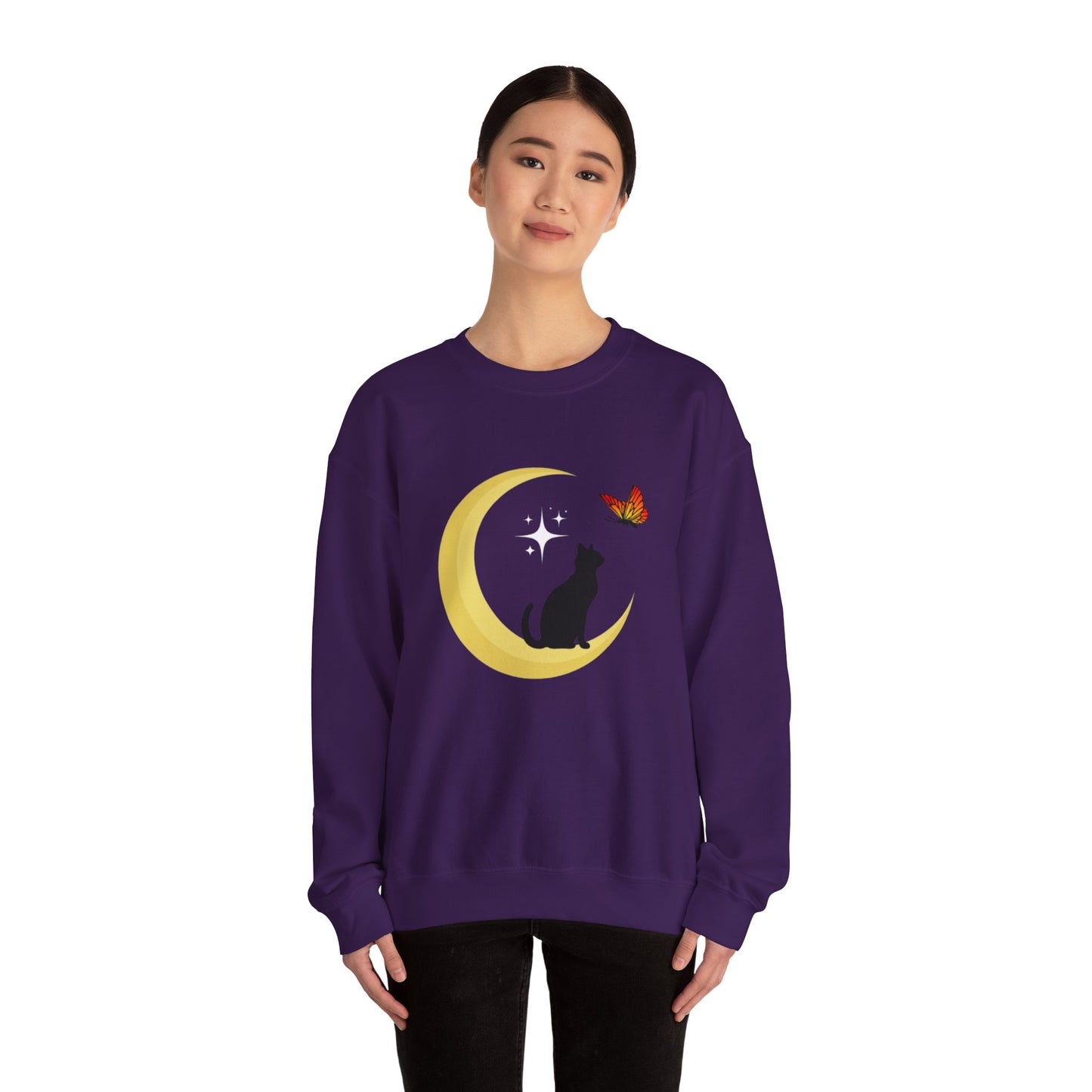 Woman's Heavy Blend™ Crewneck Sweatshirt/ Cat on the moon/White Star/Fall