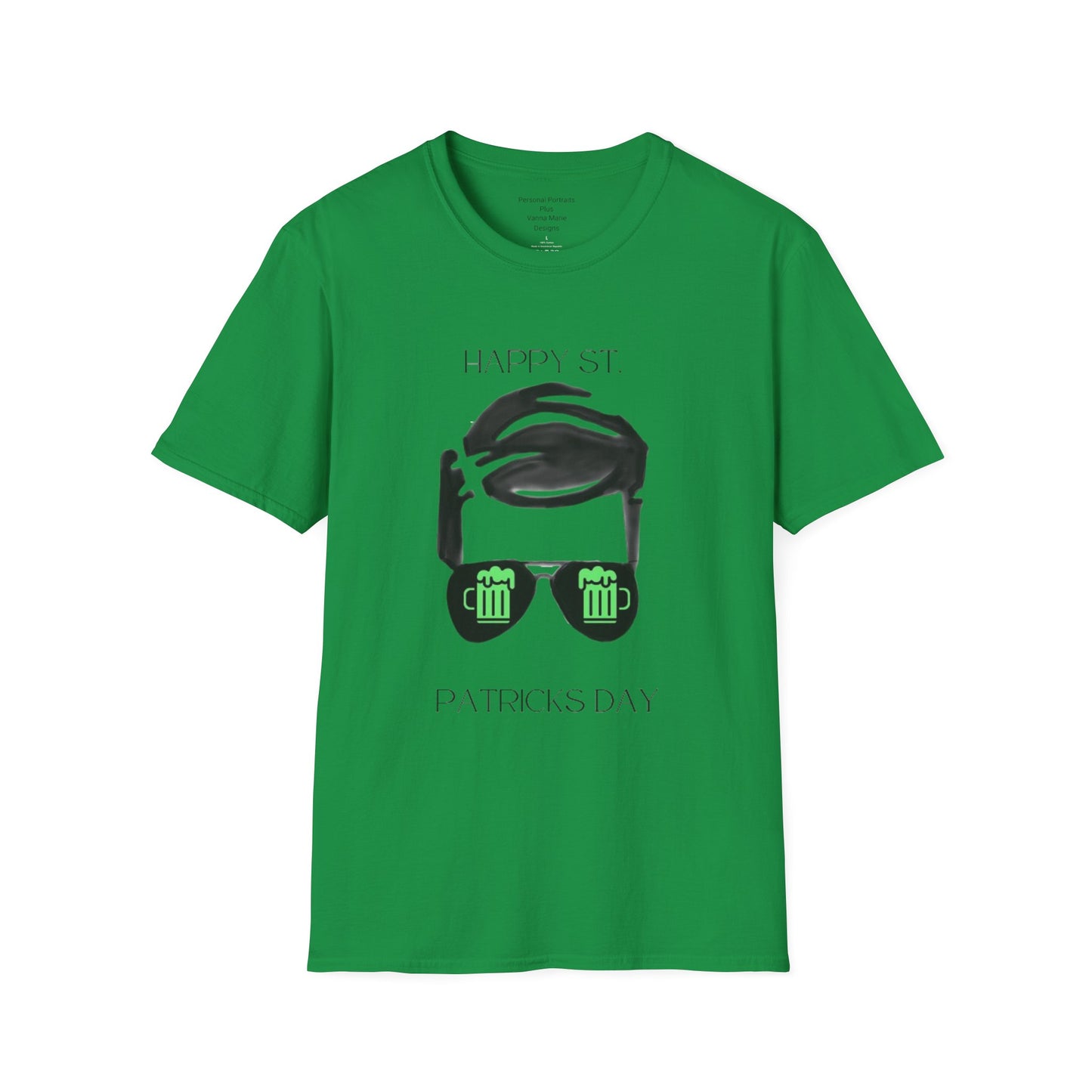 Unisex Softstyle T-Shirt/Happy St. Patrick's Day/ Man/ Brunette/ Black Glasses/Green Clovers