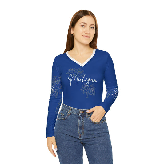 Women's Long Sleeve V-neck Shirt (AOP)/ Michigan/Blue/White/Roses