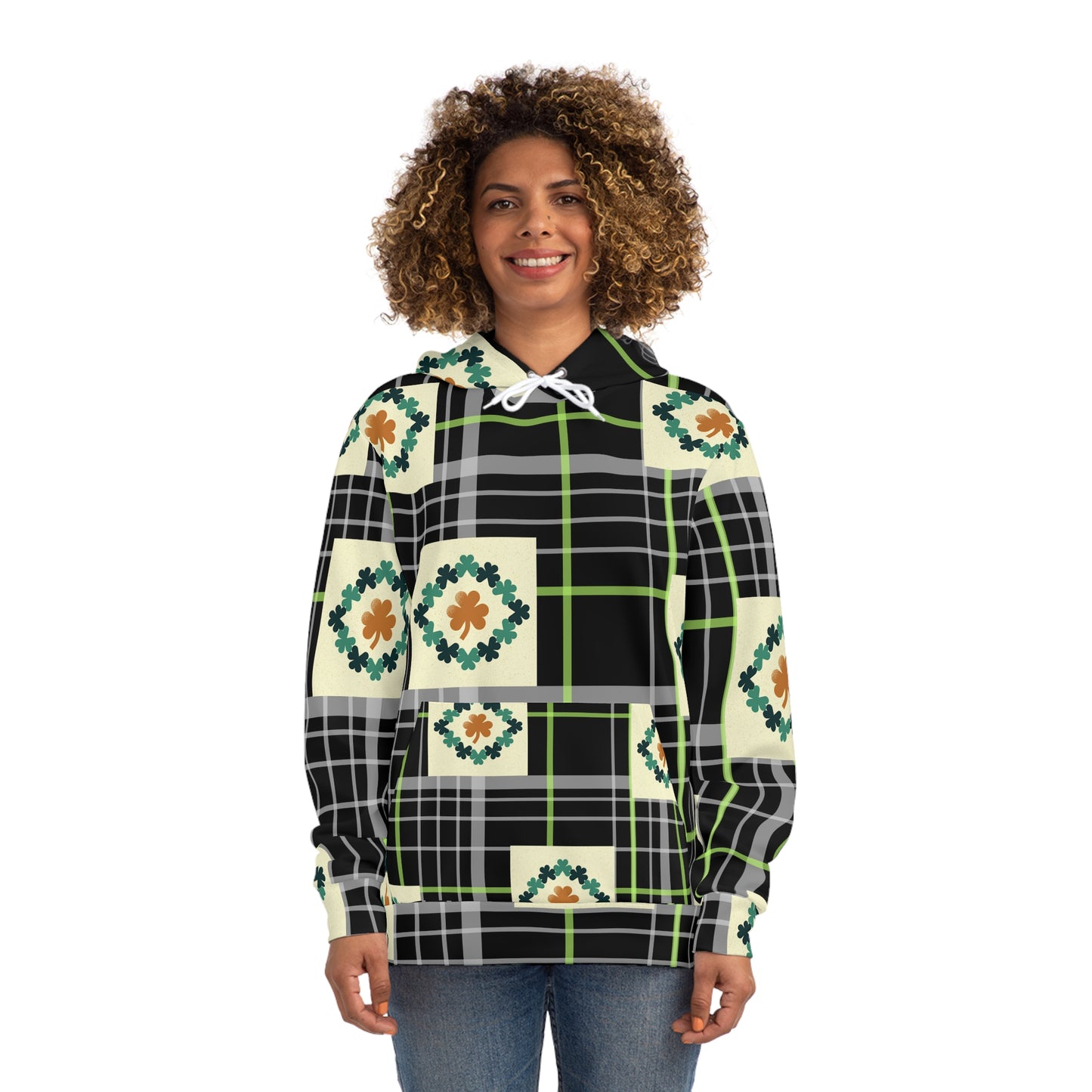 Hoodie (AOP)/Black and green plaid/clovers/St. Patrick's Day