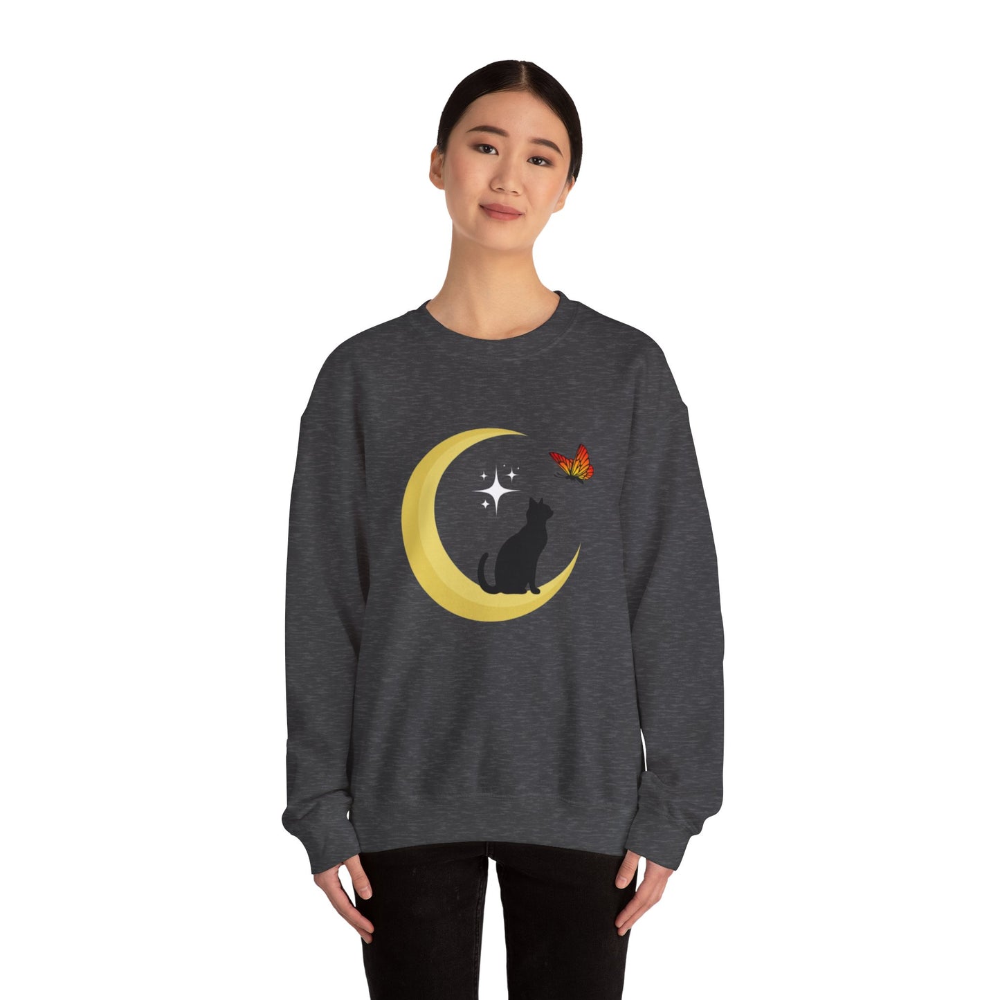 Woman's Heavy Blend™ Crewneck Sweatshirt/ Cat on the moon/White Star/Fall