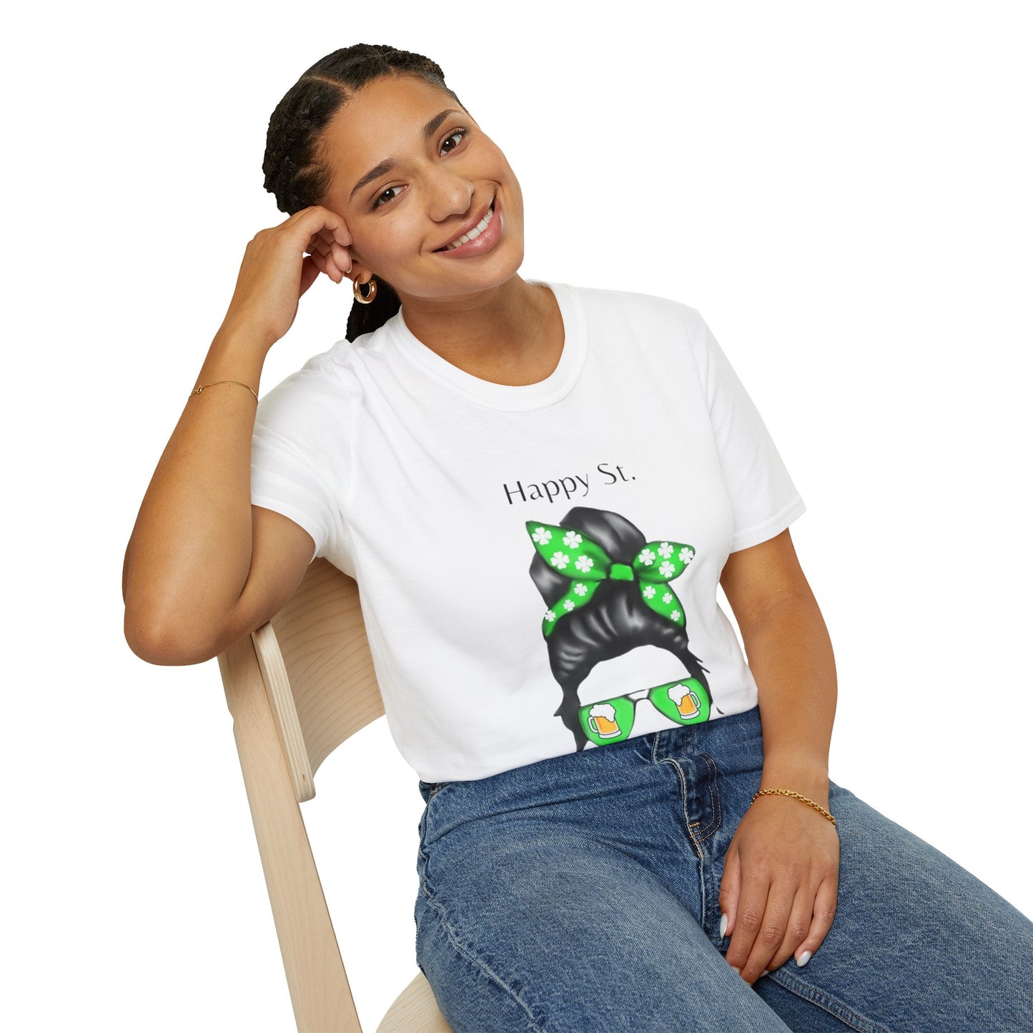 Unisex Softstyle T-Shirt/Happy St. Patrick's Day/ Woman/ Brunette/ Green Glasses/Golden Beer