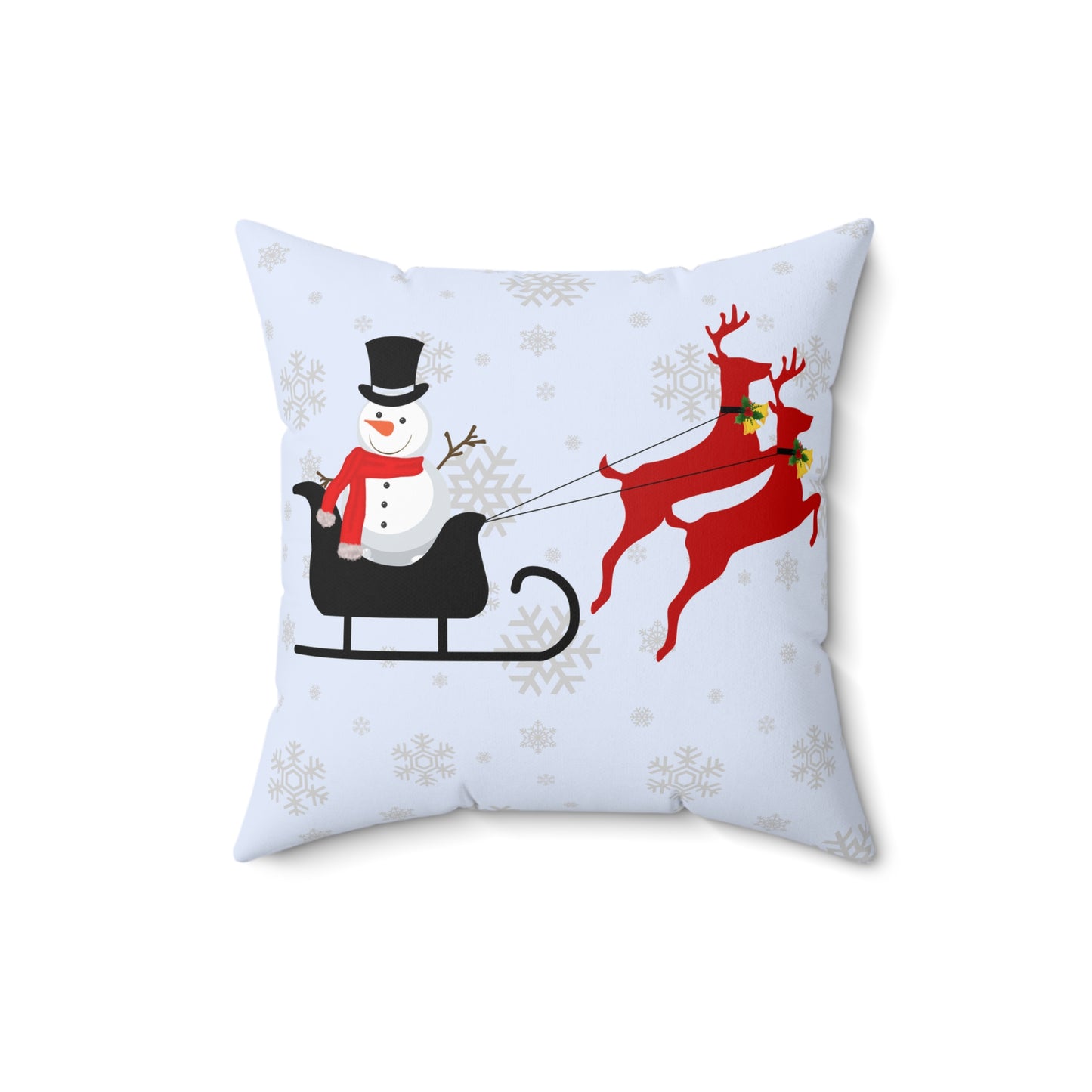 Spun Polyester Square Pillow/Gingerbread man in the sleigh/Front/Snowman in sleigh/ Back/ Baby Blue/ White Snowflakes