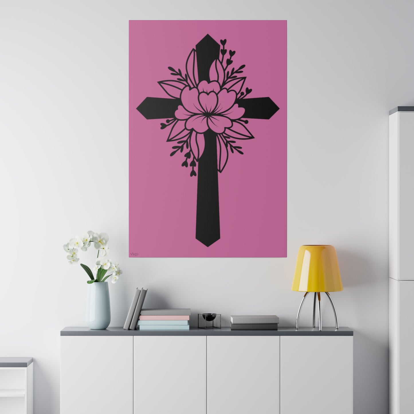 Digital Portrait Print, 0.75"/Floral Cross/Pink BG