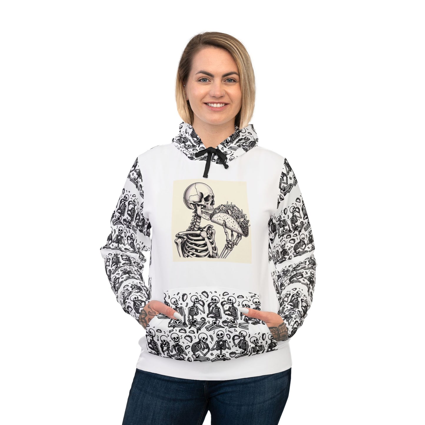 Unisex Athletic Hoodie (AOP)/skeletons Eating Tacos/Halloween