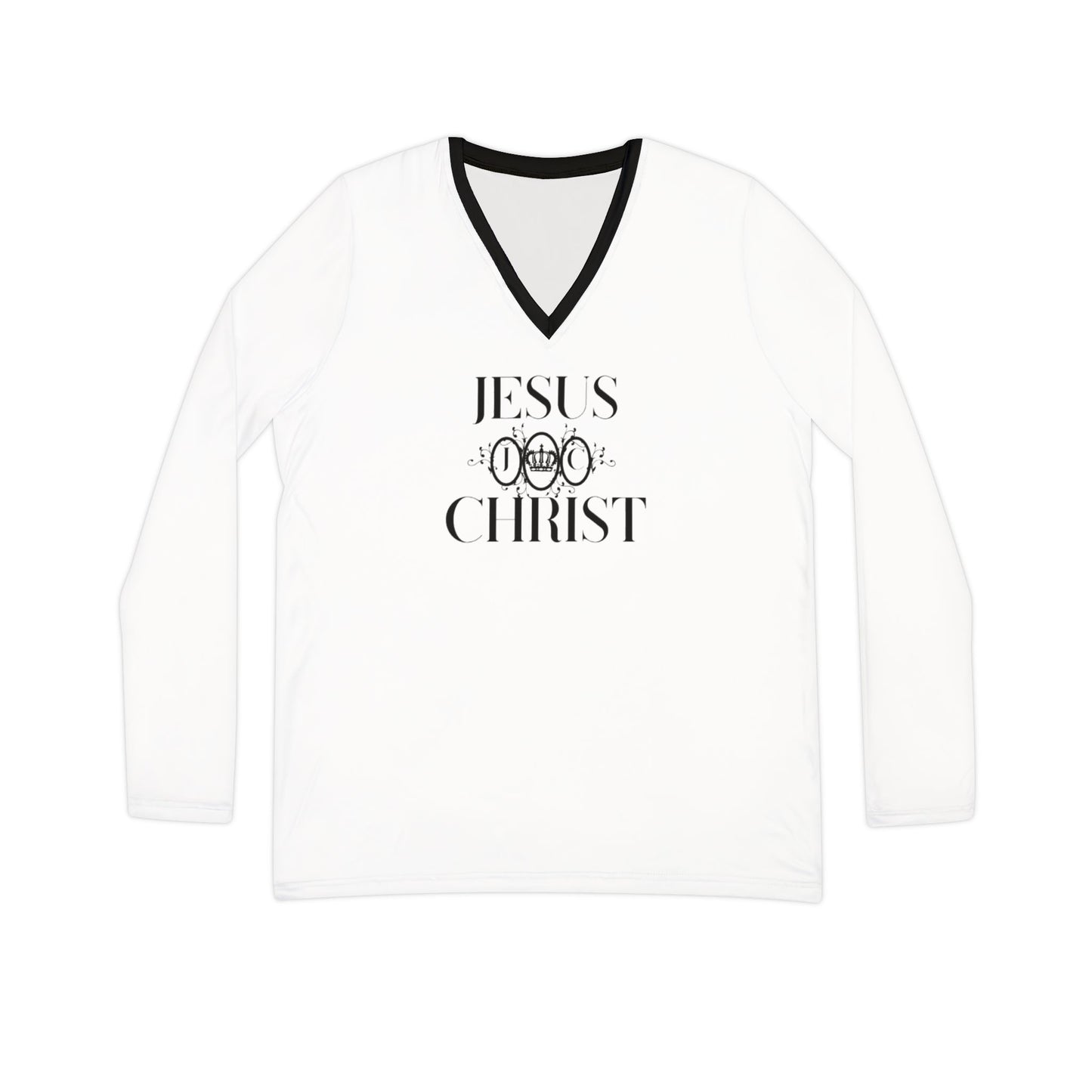 Women's Long Sleeve V-neck Shirt (AOP)/Jesus Christ/JC/Black/White