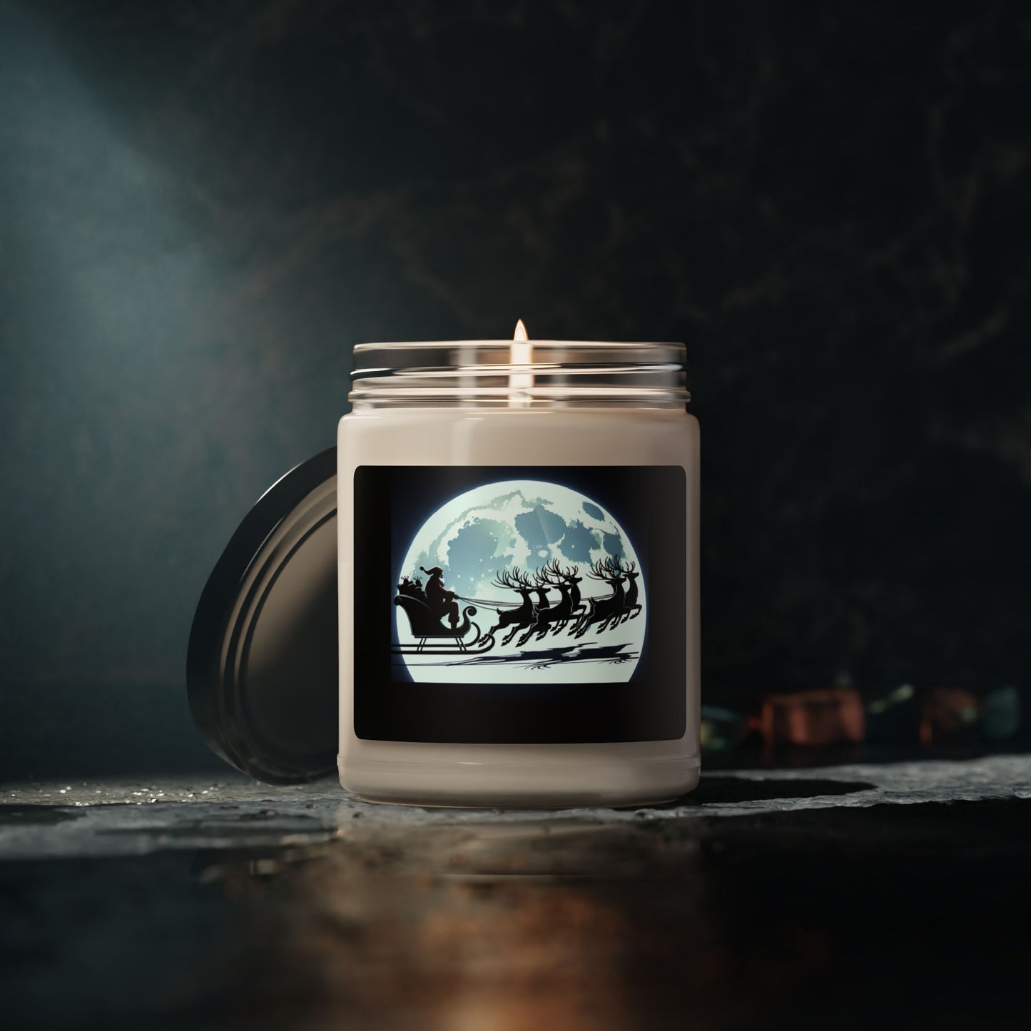 Scented Soy Candle, 9oz/Santa and His Flying Reindeer/Moon BG/Blue