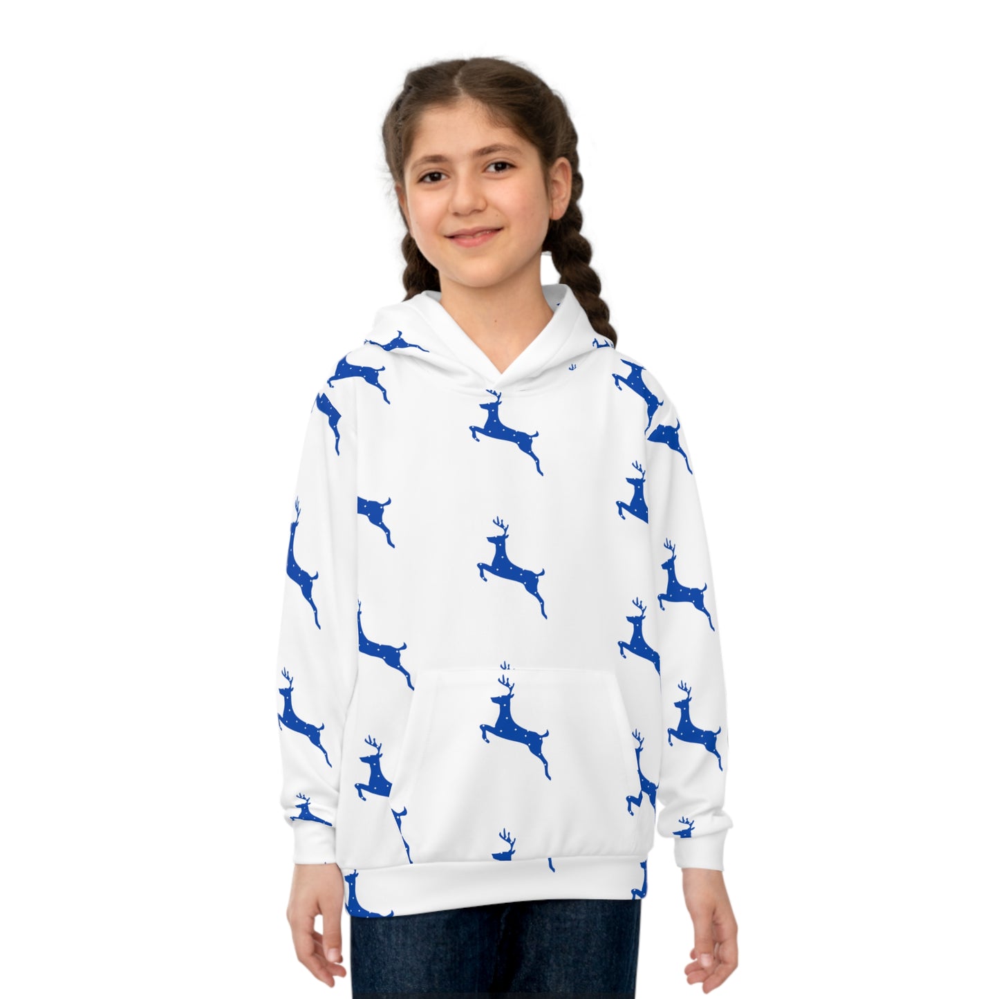 Children's Hoodie (AOP/Blue Poke a Dot Reindeer/White BG