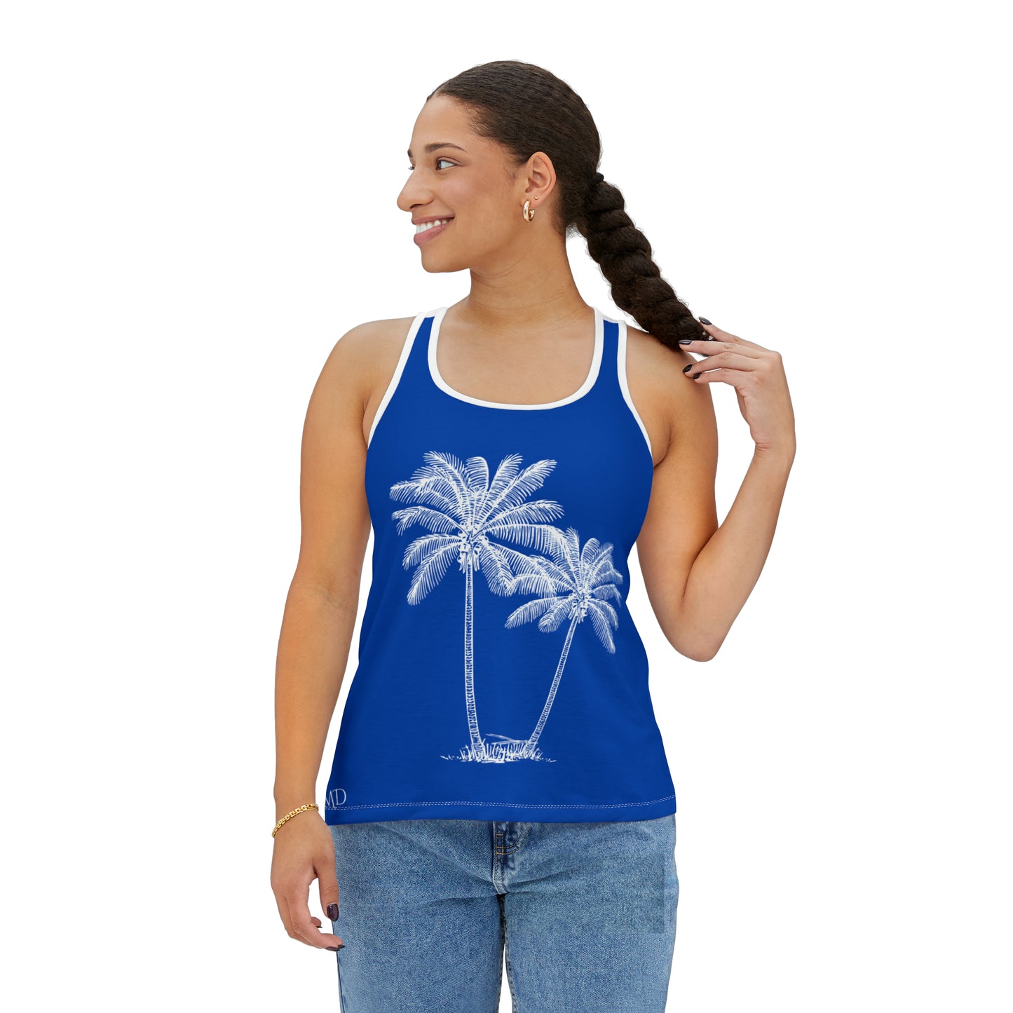 Women's Tank Top/Colored Lining/Black/White (AOP)Palm Tree/Blue/White