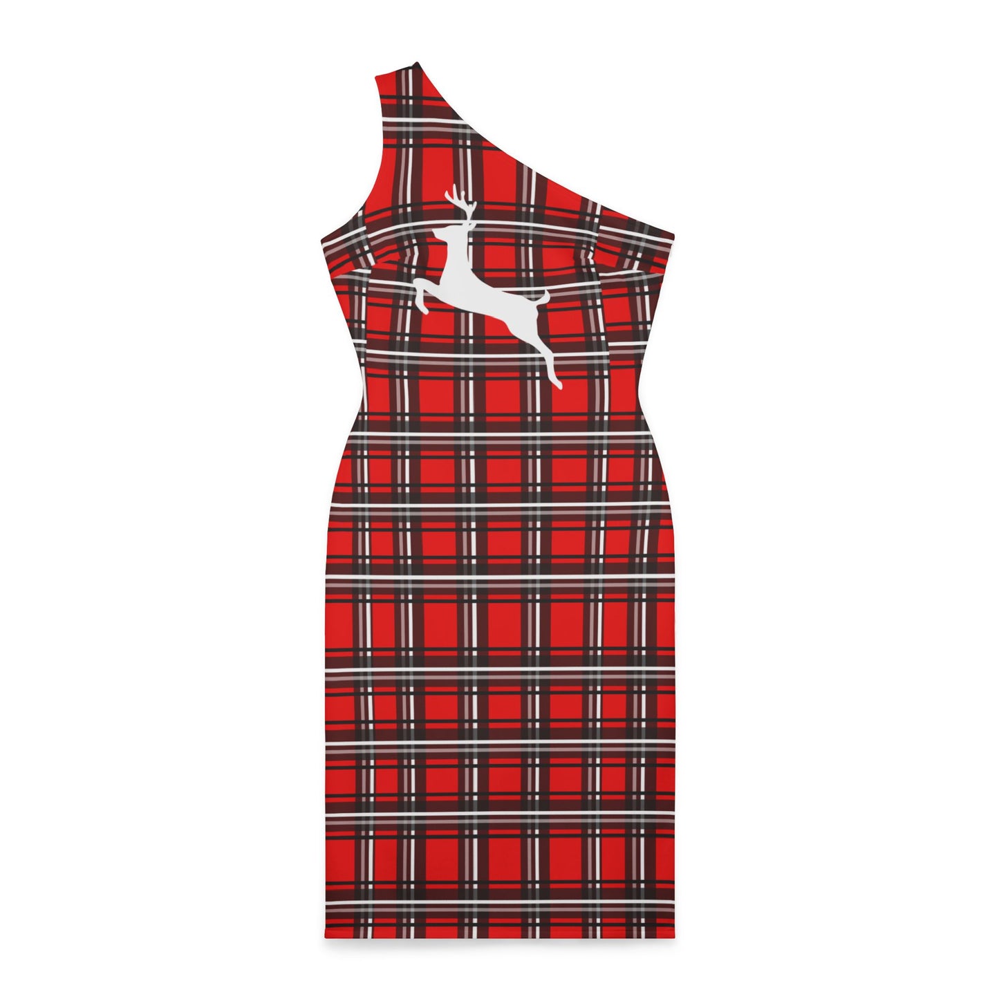 Women's Shoulder Dress (AOP)/Red/Black/White Plaid/ White Reindeer/Holiday