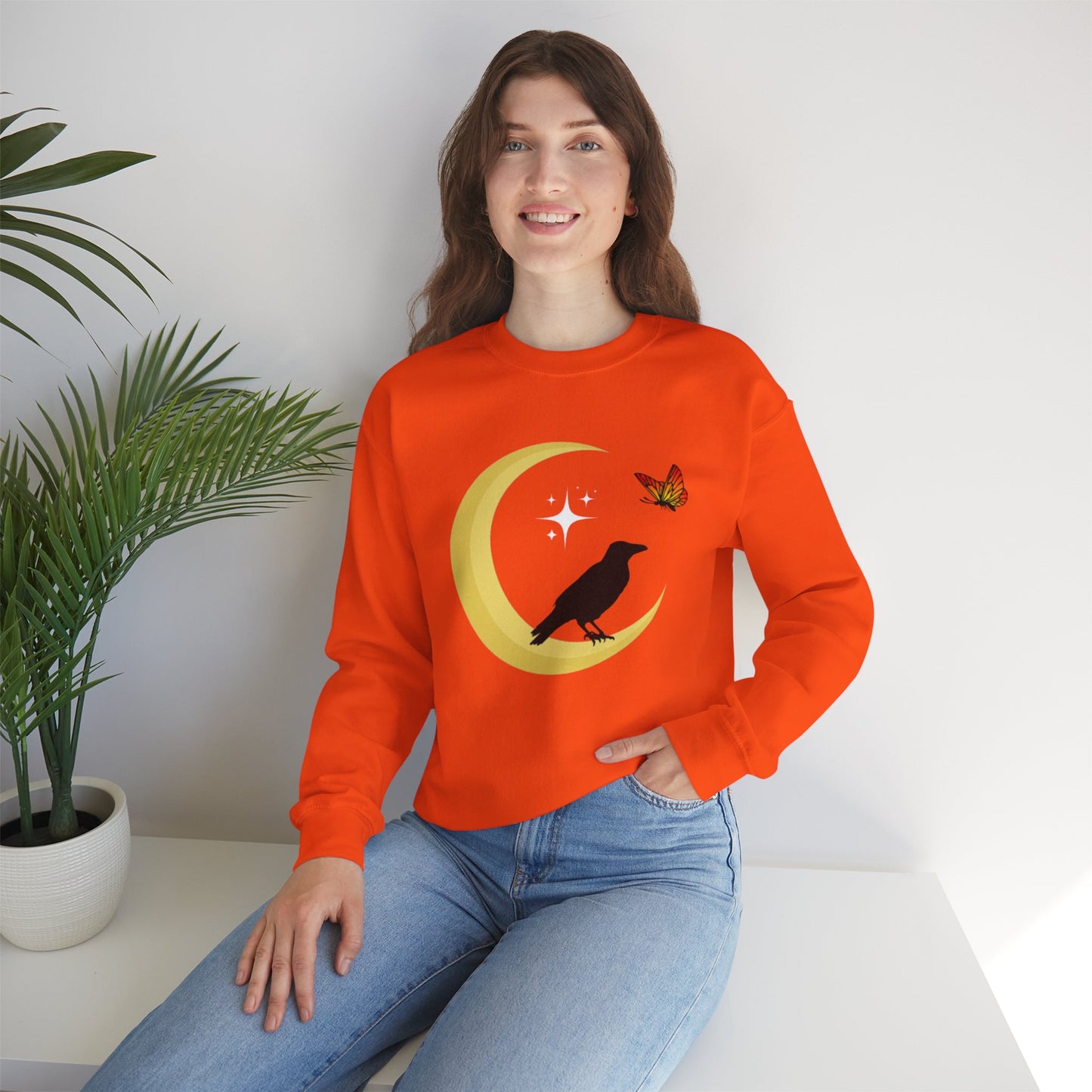 Woman's Heavy Blend™ Crewneck Sweatshirt/ Crow on the moon/White star/Fall