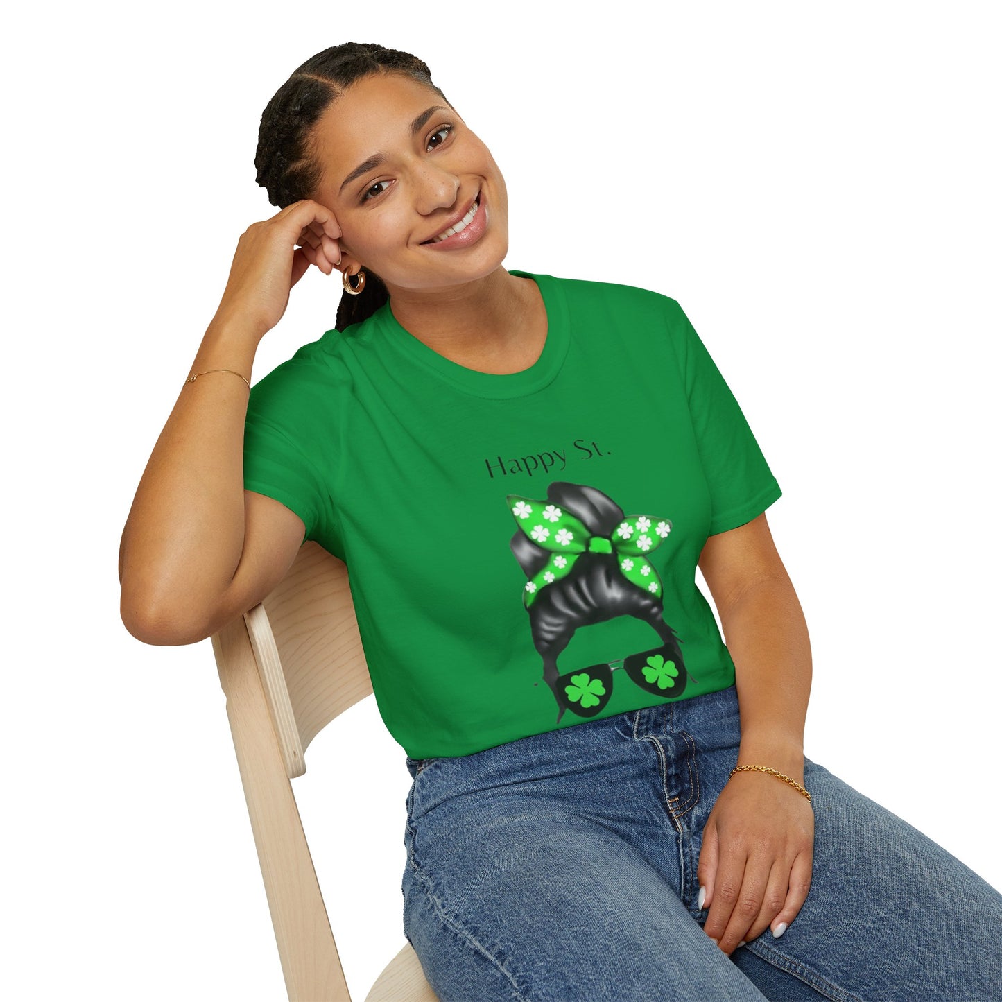 Unisex Softstyle T-Shirt/Happy St. Patricks' Day/ Woman/ Brunette/ Black Glasses/Green Clovers