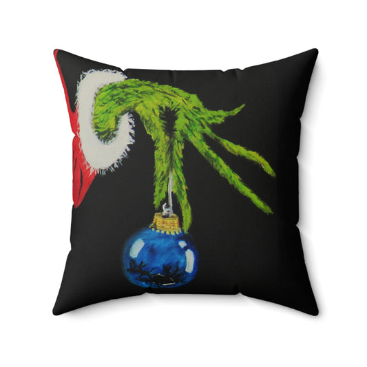 Spun Polyester Square Pillow/ Grinch Hands/ Red/ Blue Bulbs/Holiday/Black