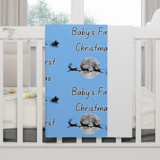 Soft Fleece Baby Blanket/ Baby's first Christmas/Santa flying across the moon Silhouette/ Blue