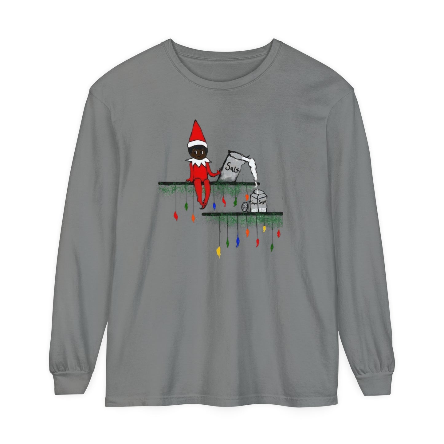 Men's Garment-dyed Long Sleeve T-Shirt/Holiday Funny/African American elf on the shelf/ Salt in the Sugar