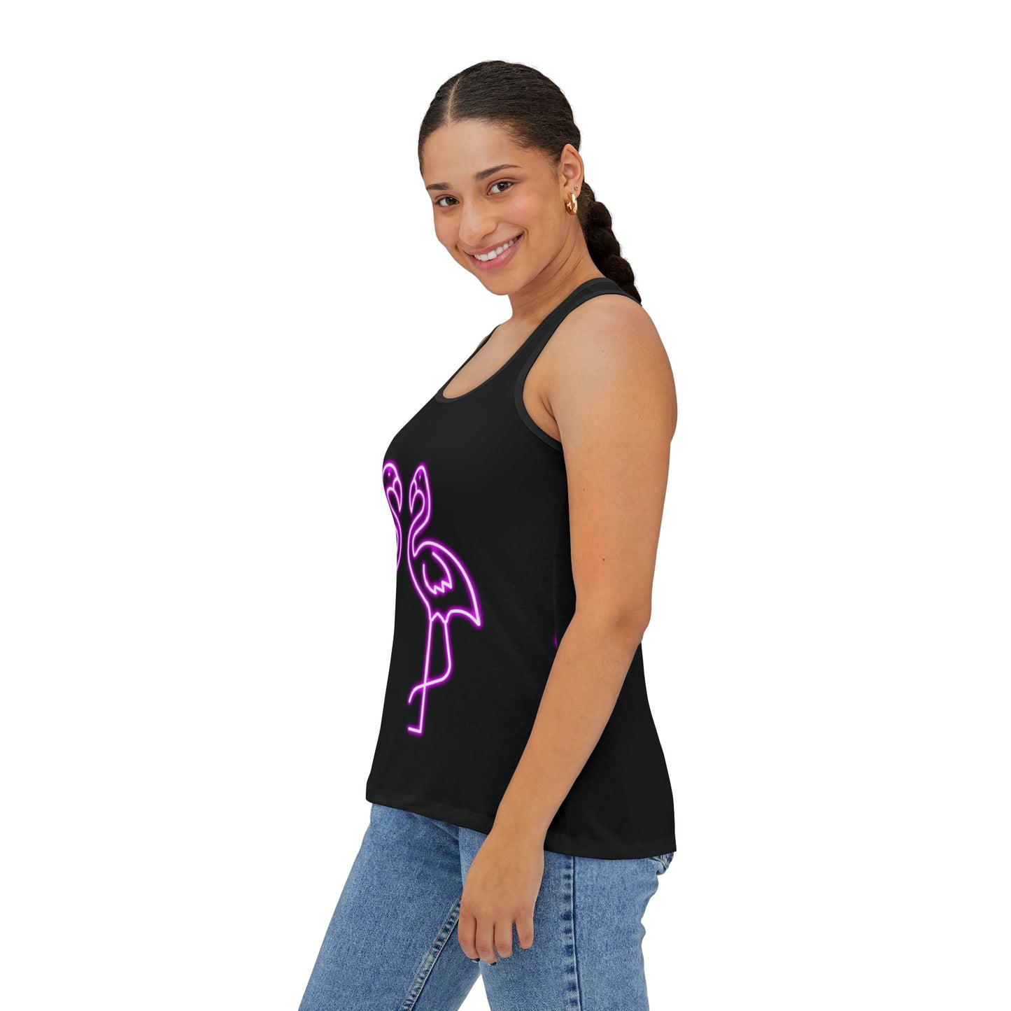 Women's Tank Top (AOP)/Black or white seams/Neon Pink Flamingos