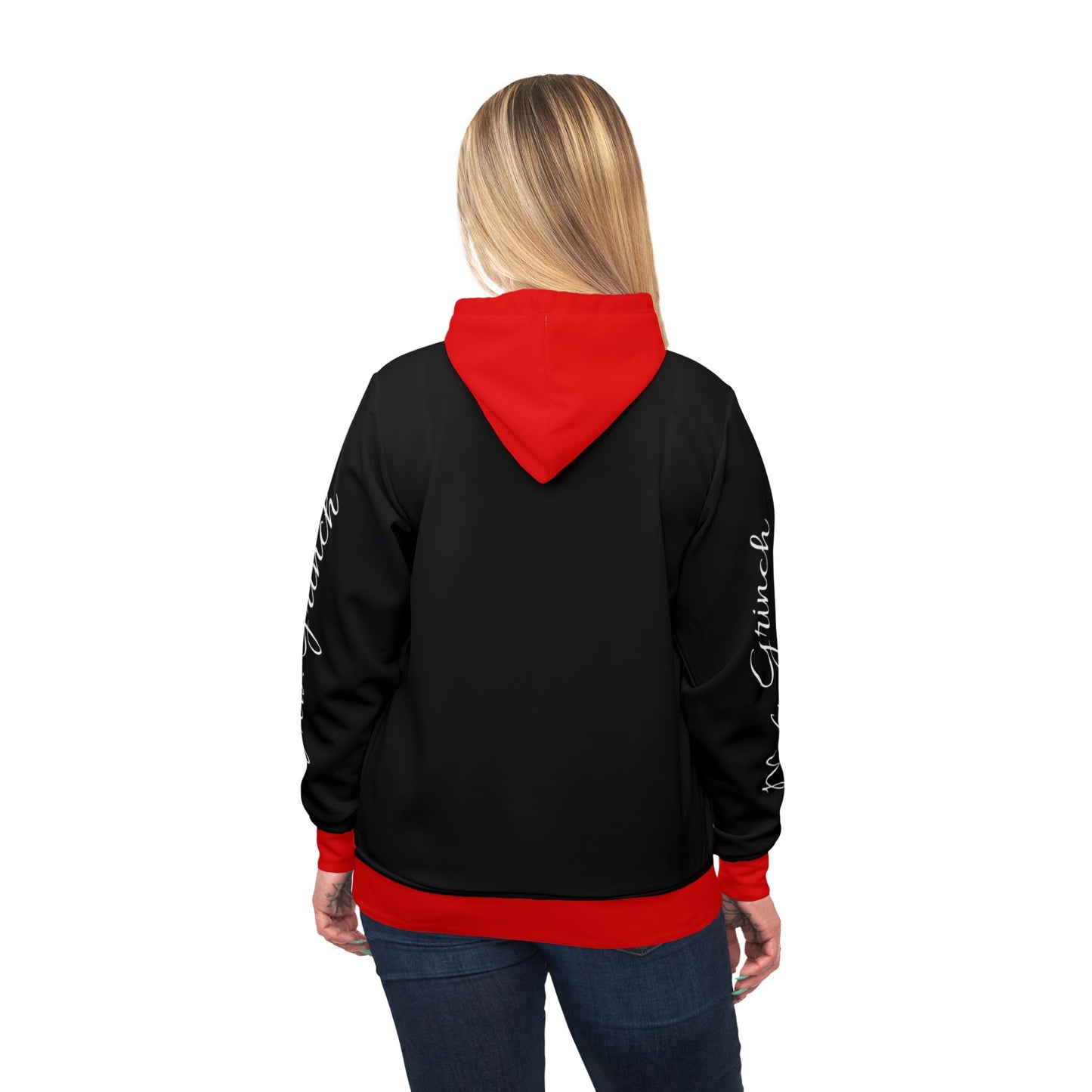 Woman's Athletic Hoodie (AOP)/ Mrs. Grinch/Black Drawstring/Text Down the Arm