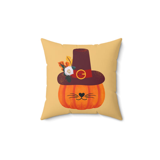 Spun Polyester Square Pillow/ Pilgrim Kitty Pumpkin/Holiday