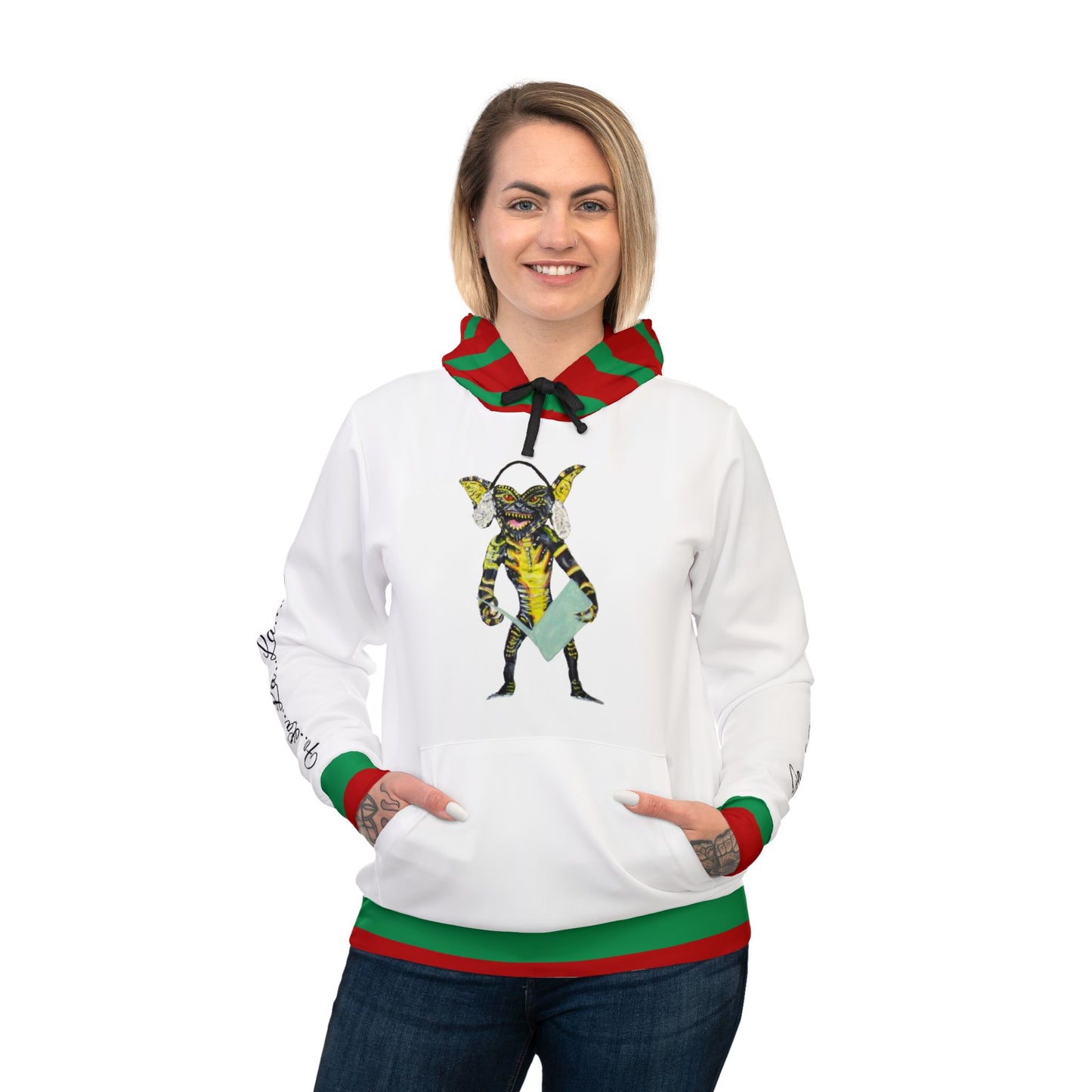 Unisex Athletic Hoodie (AOP) /Caroling Gremlin / Earmuffs/ Fa La La La La La La