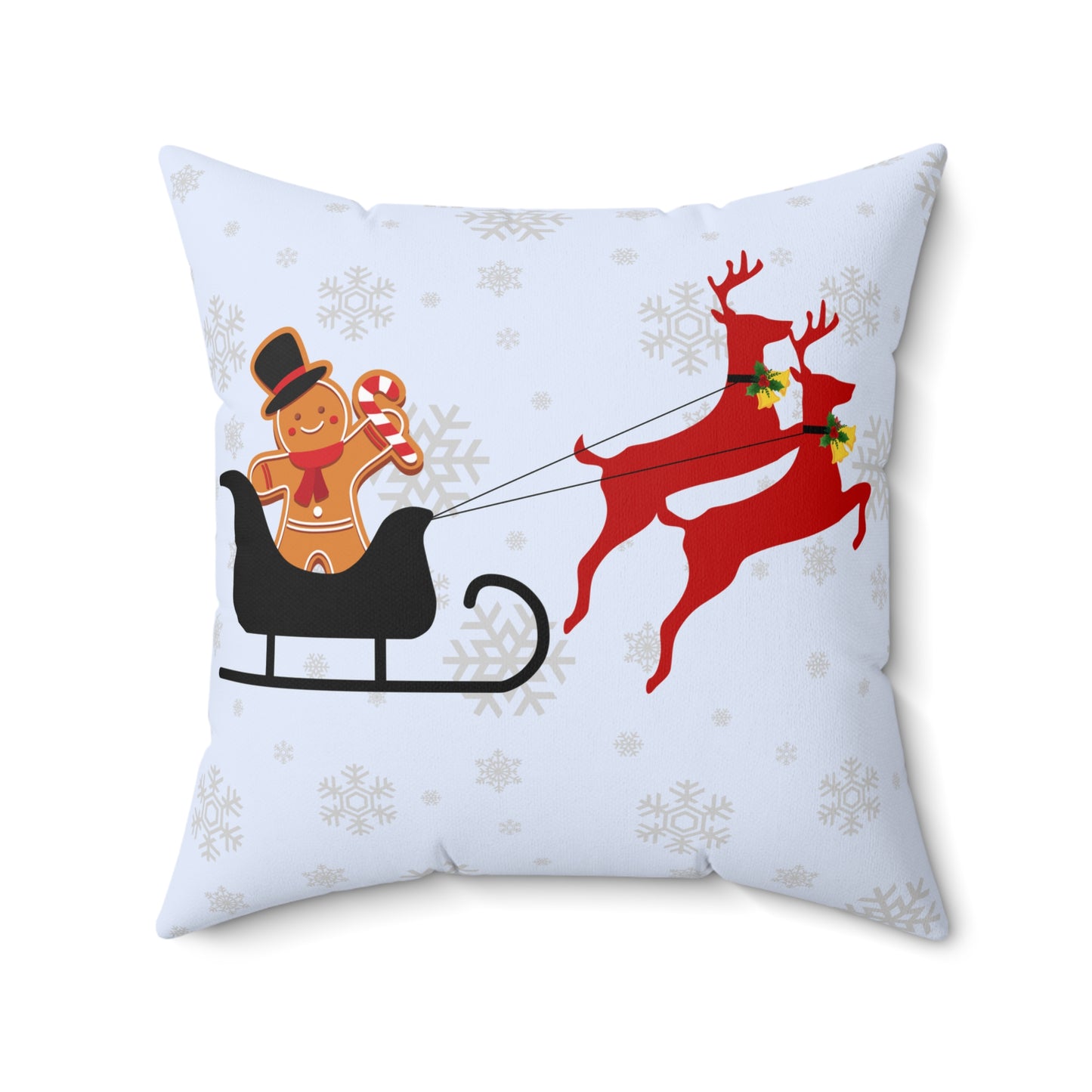 Spun Polyester Square Pillow/Gingerbread man in the sleigh/Front/Snowman in sleigh/ Back/ Baby Blue/ White Snowflakes