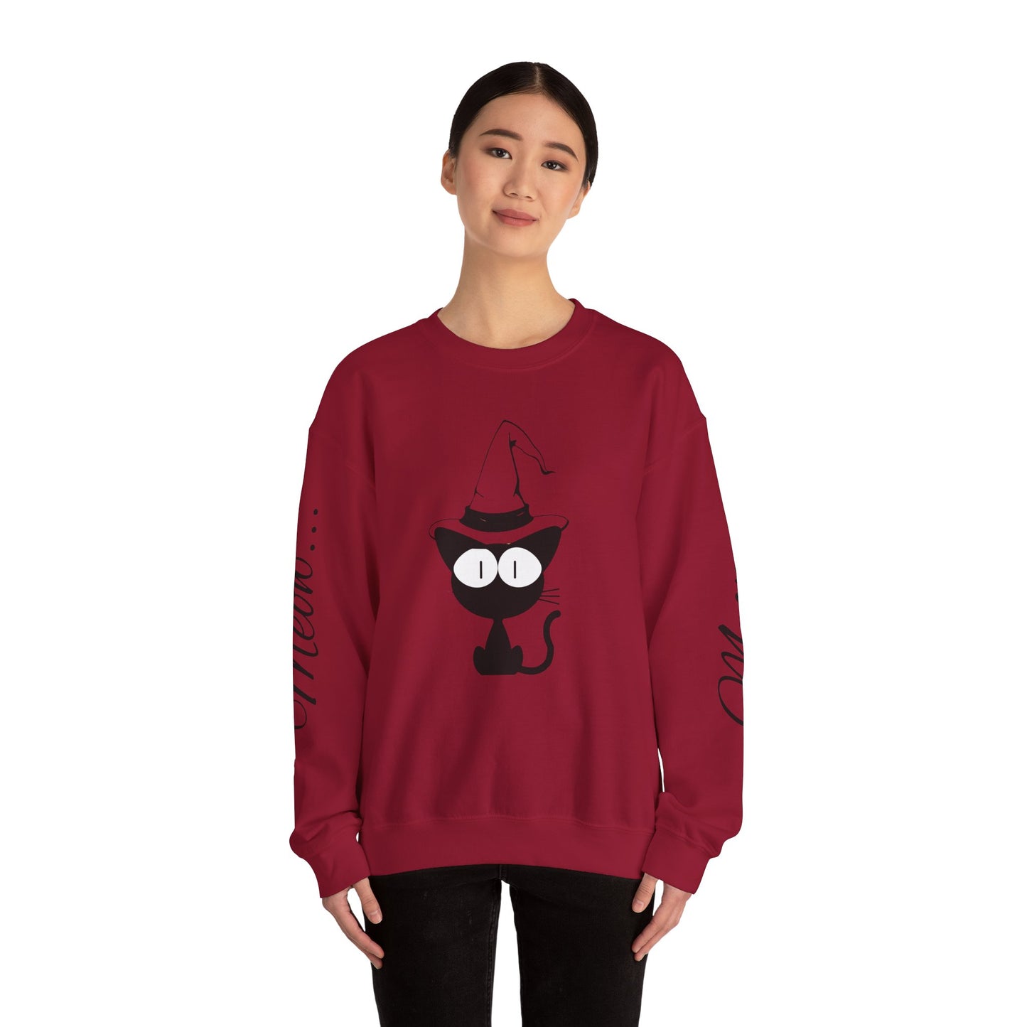 Womans Heavy Blend™ Crewneck Sweatshirt/Cat in a Hat/Holiday/Text down the Arm