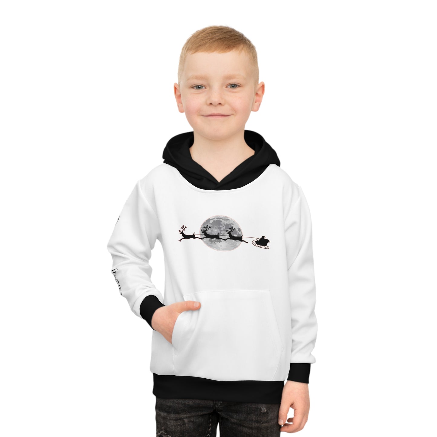 Children's Hoodie (AOP) Santa Flying Across the moon/ Text down the arm/ Merry Christmas