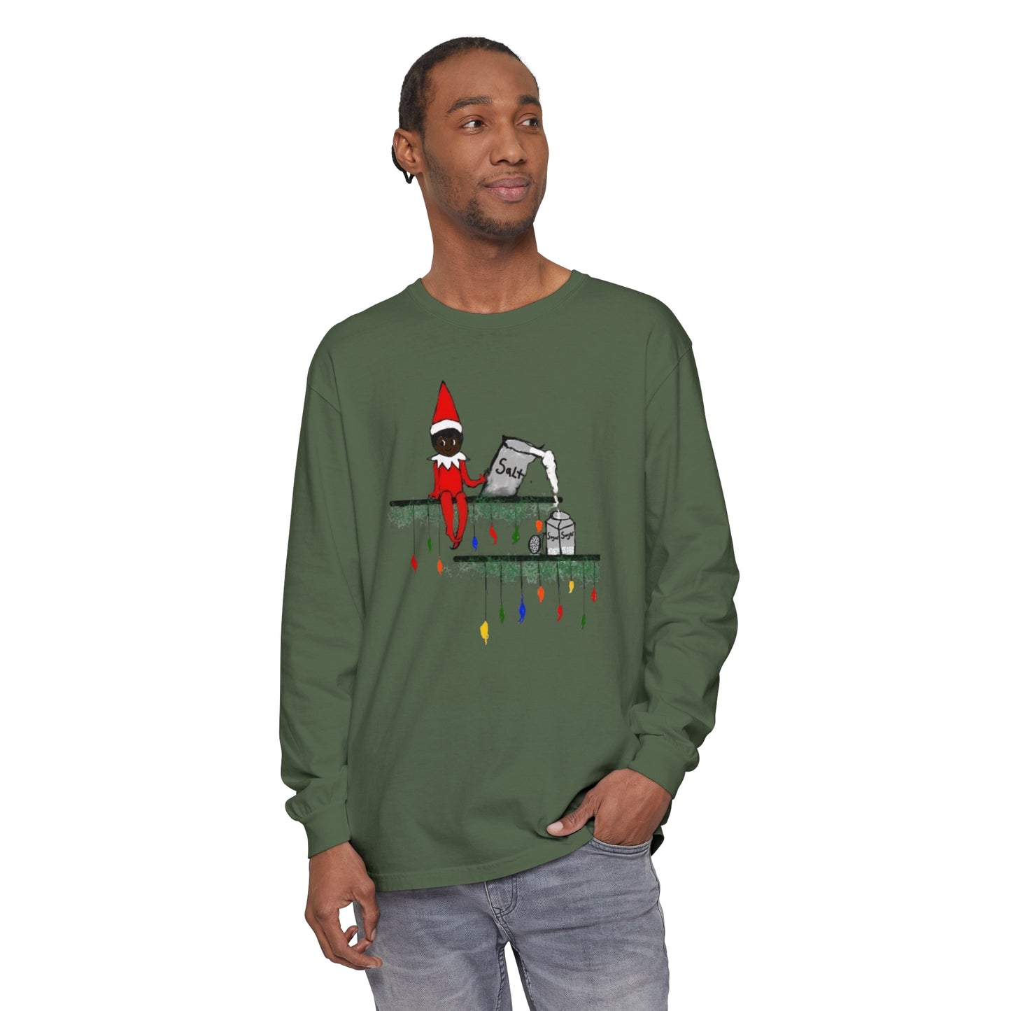 Men's Garment-dyed Long Sleeve T-Shirt/Holiday Funny/African American elf on the shelf/ Salt in the Sugar